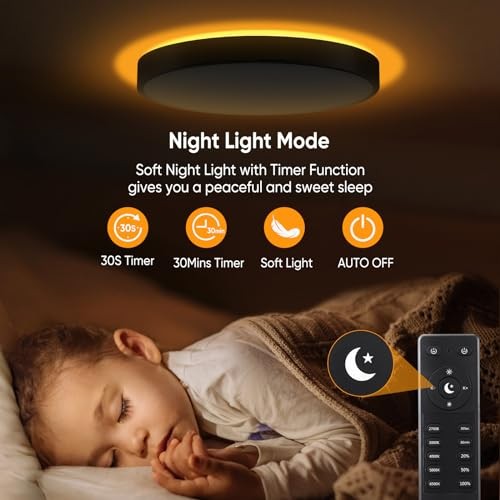 Flush Mount Ceiling Light with Remote Control & Night Light, 5CCT 13 Inch Black
