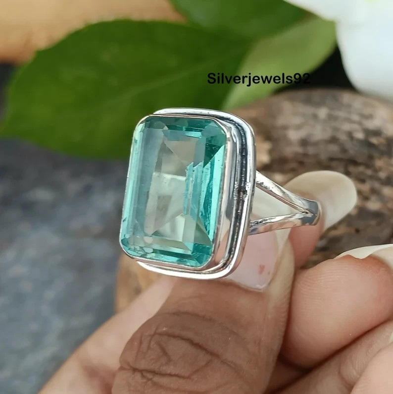 Aquamarine Ring, Emerald Cut Ring, 925 Sterling Silver Ring, Square , All Size