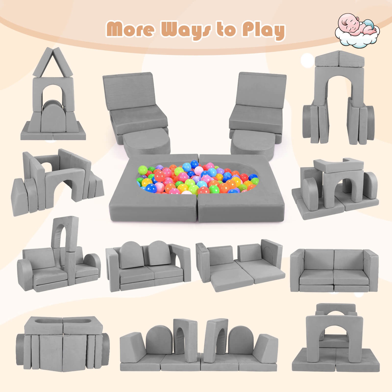8 PCS Modular Kids Play Couch Sofa with Suede Fabric Cover High-Density Foam