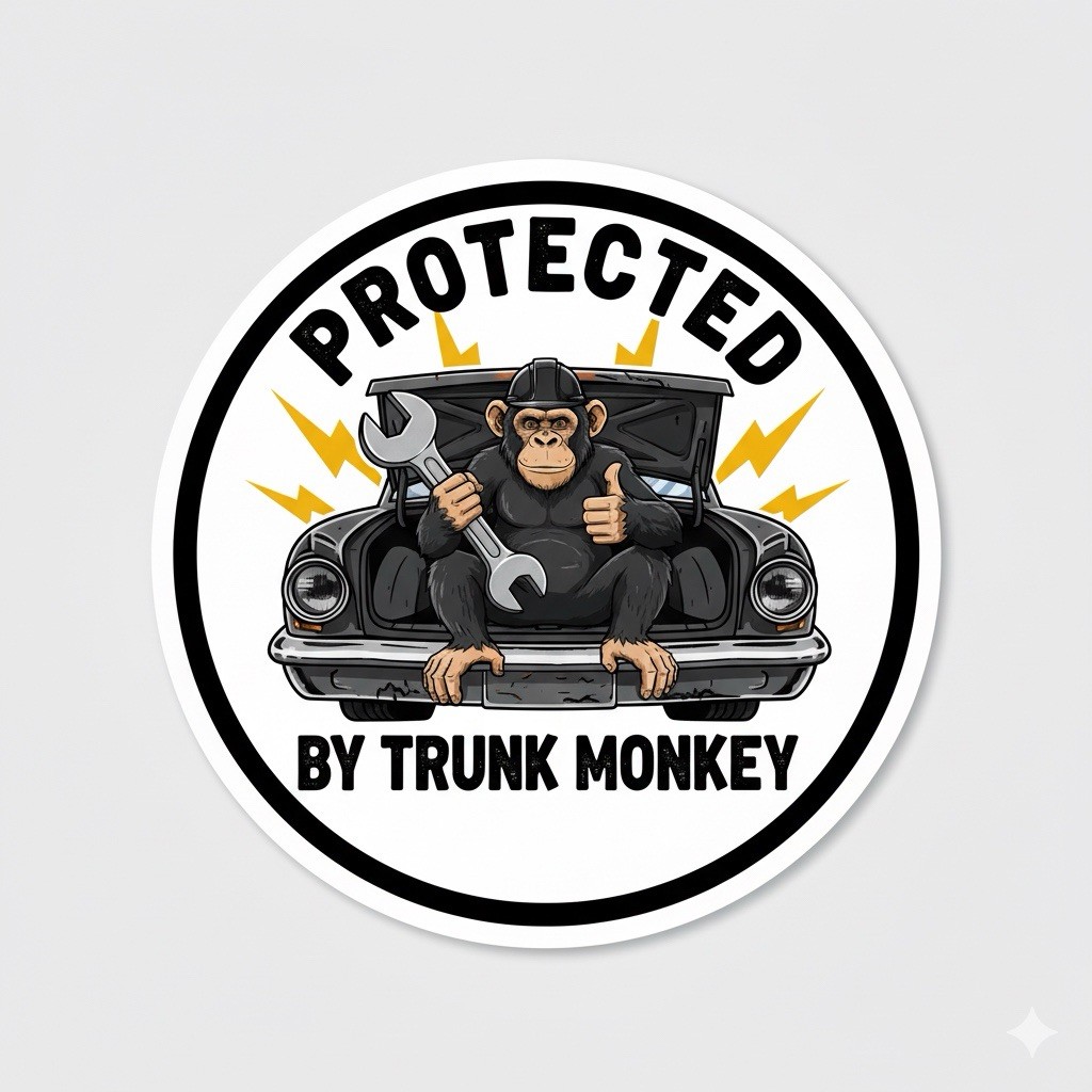 Funny Protected By Trunk Monkey 3” Sticker For Car, Tumbler, Laptop