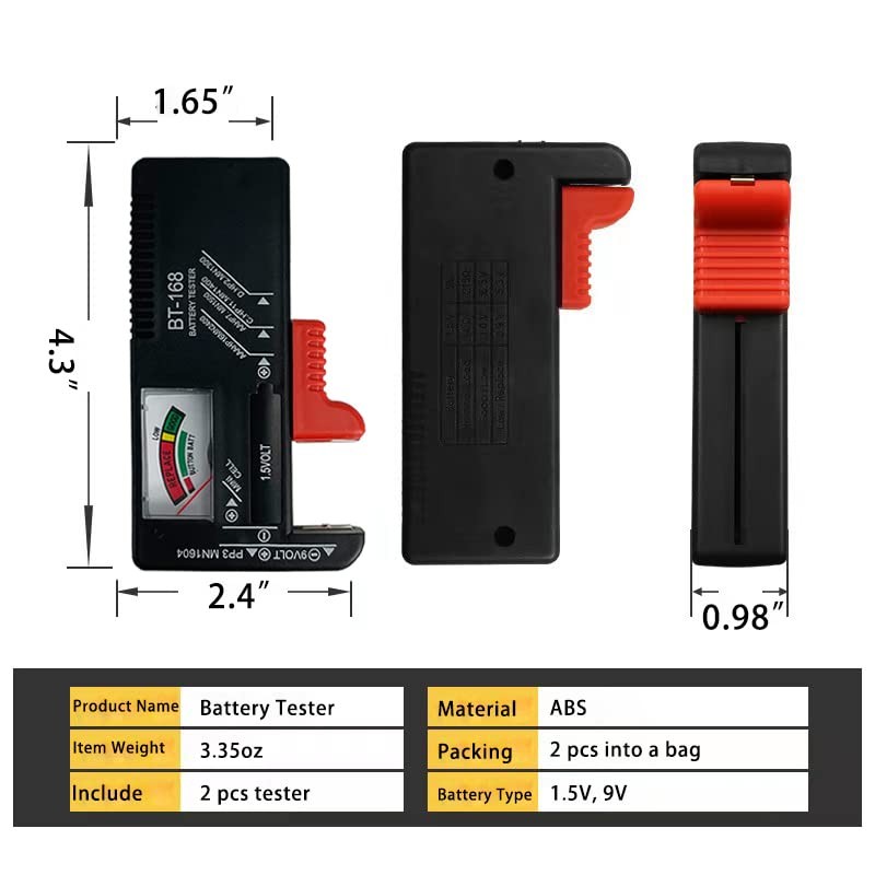 2 Pack Universal Battery Tester Checker for AA AAA C D 9V Button Cell