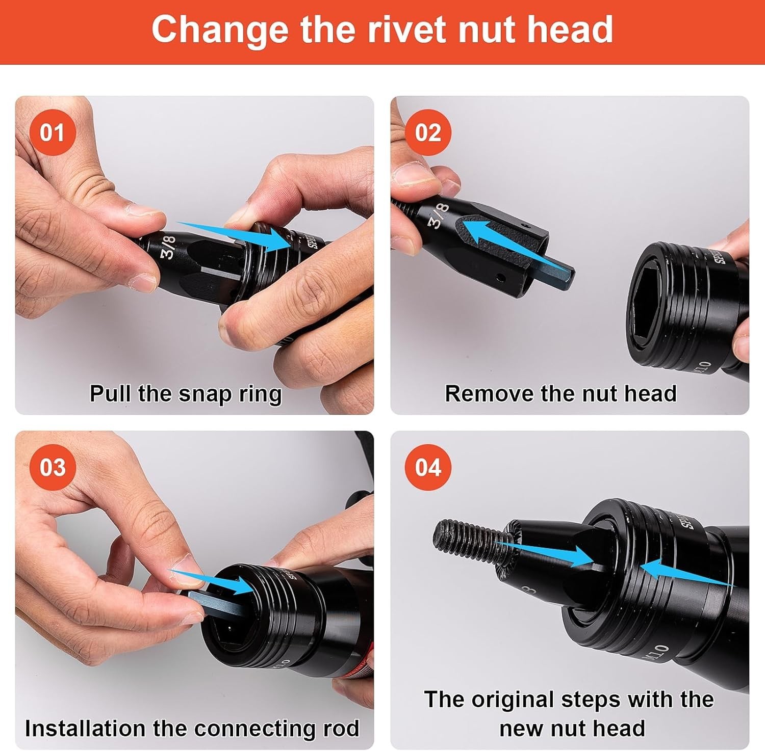 Adjustable Speed Air Rivet Gun with Self-Locking Heads - Complete 4 Size Kit
