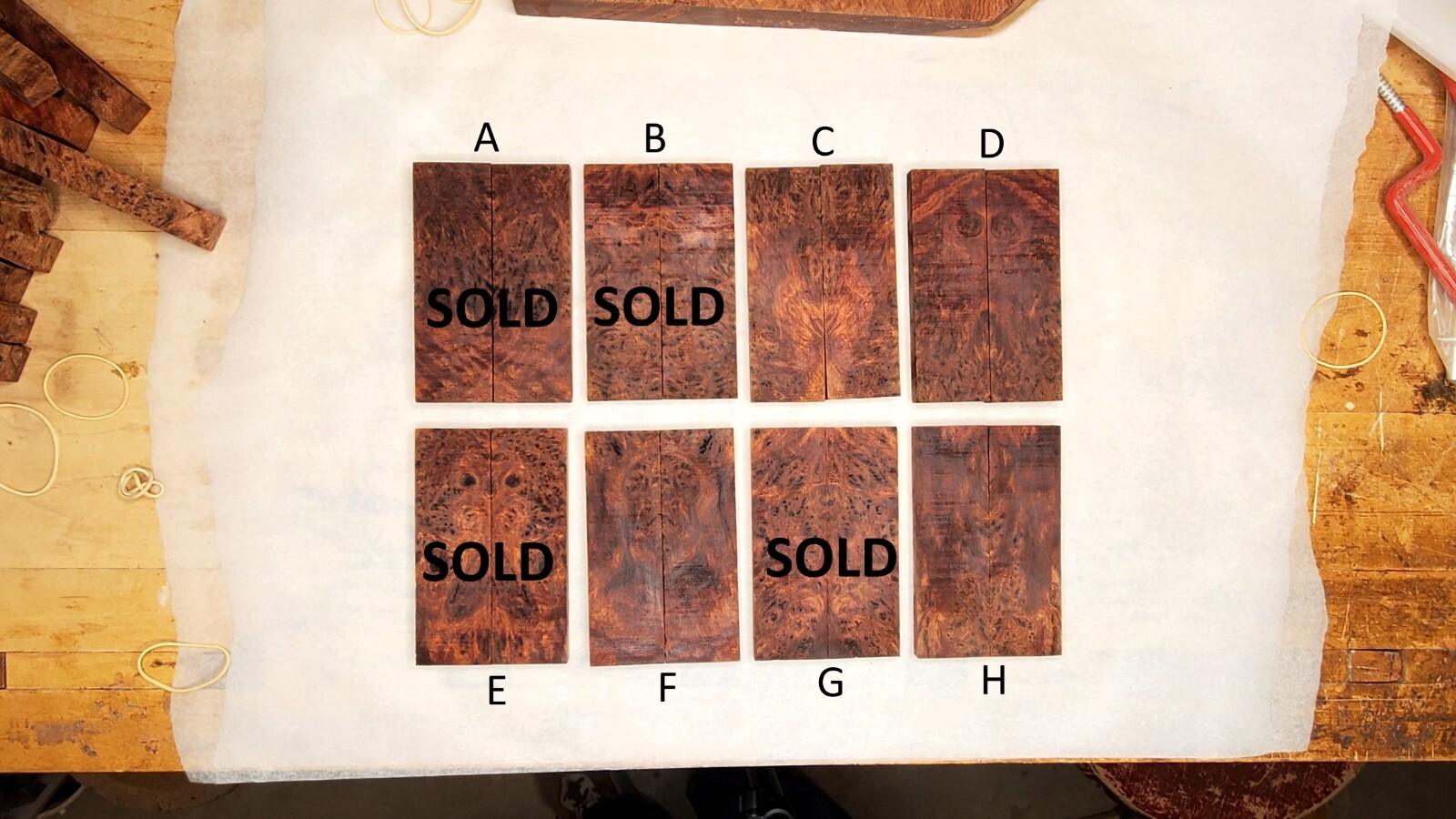 Amboyna Burl Knife Scale sets 1.5"W x 0.75" - 1" D (per pair) x 5.0" L