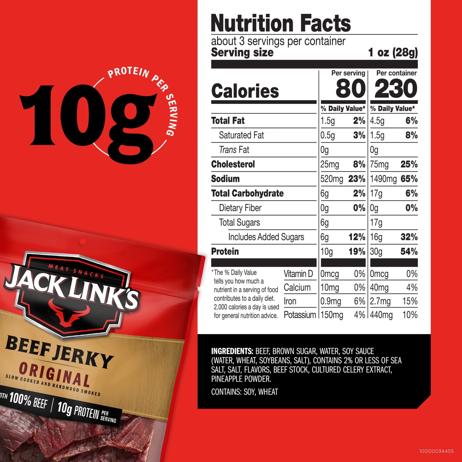 Jack Link’s Beef Jerky 100% Beef Original 2.85 oz 10g of Protein Per Serving