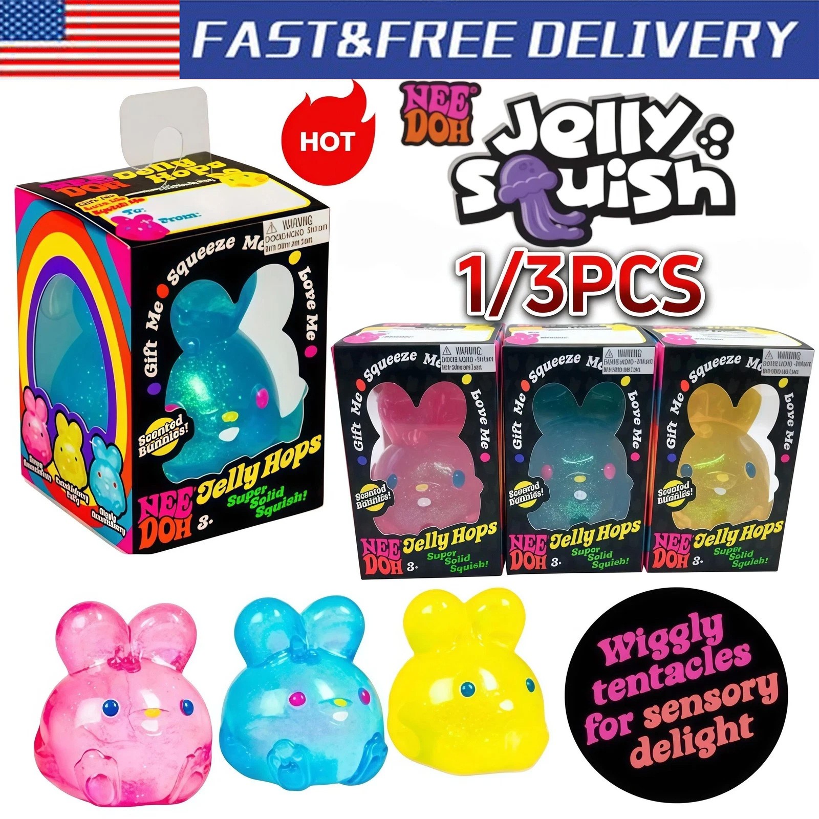 NeeDoh-Jelly Hops Scented Glitter Easter SquishyBunnies Toys Stress Toy TL