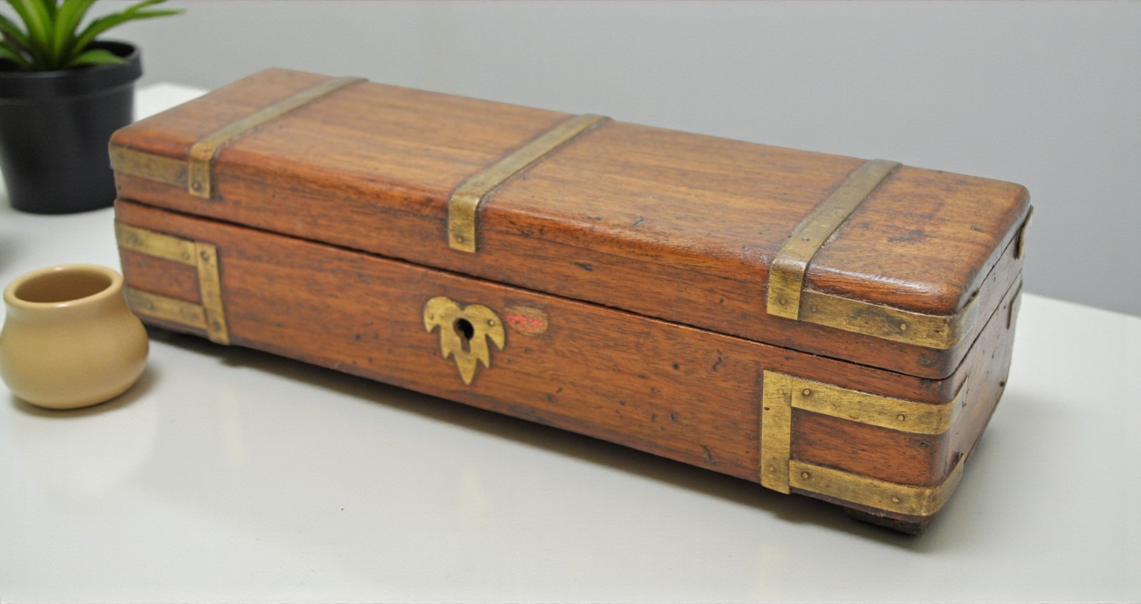 Vintage Wooden Pencil Stationary Box Original Old Hand Crafted Brass Fitted