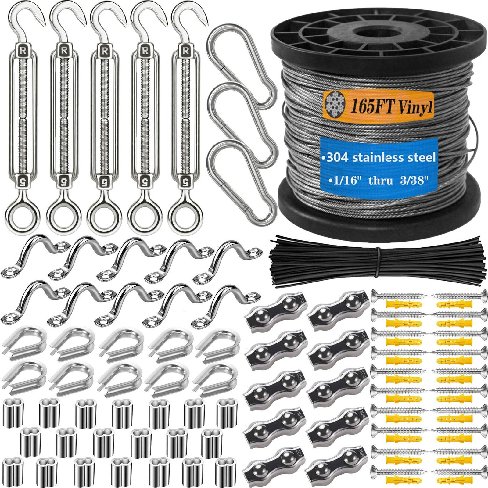 304 Stainless Steel Turnbuckle Kit - 165FT（50M） Vinyl-Coated Wire