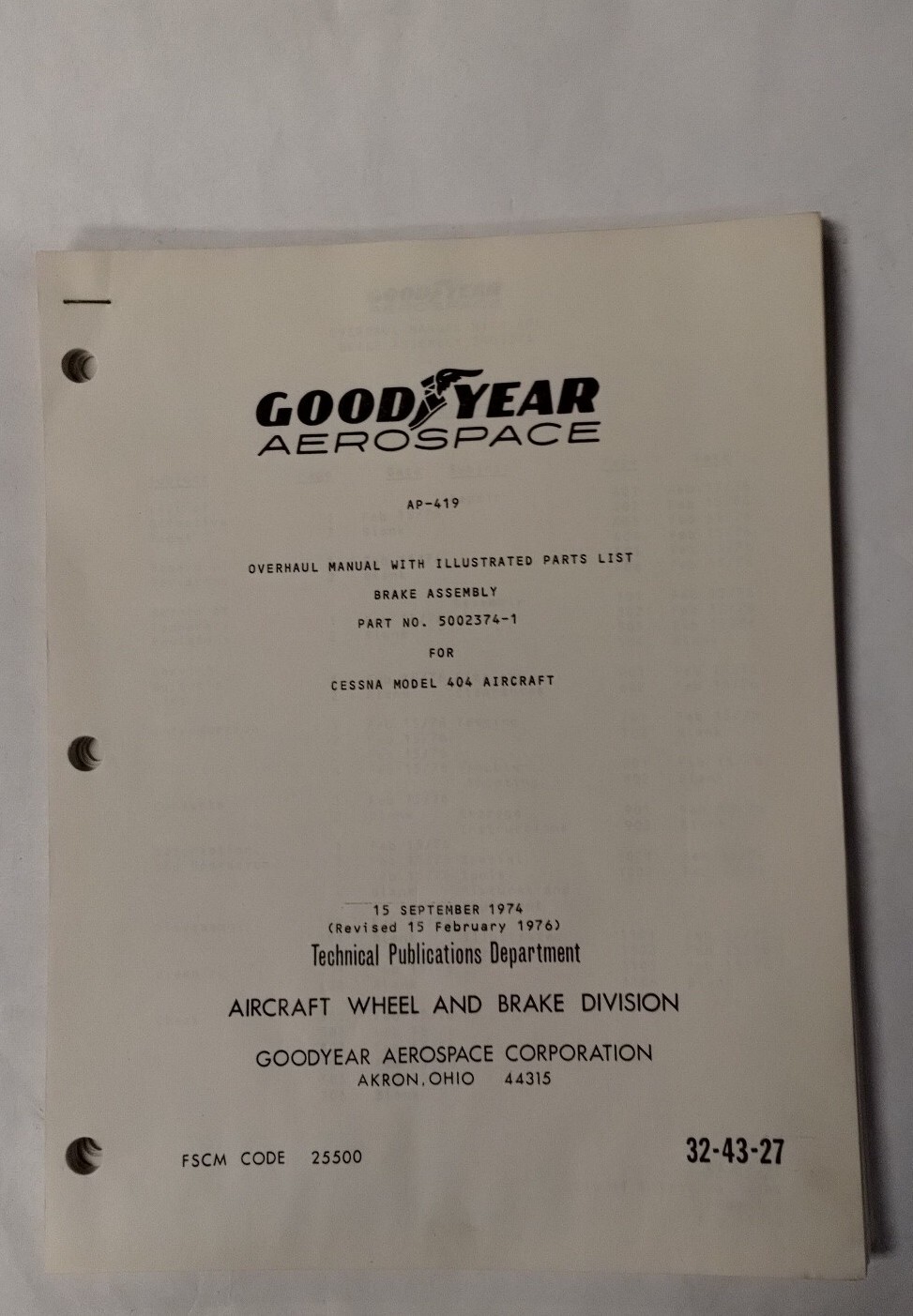 Goodyear Brake Assembly Part No. 5002374-1 Overhaul Illustrated Parts Original
