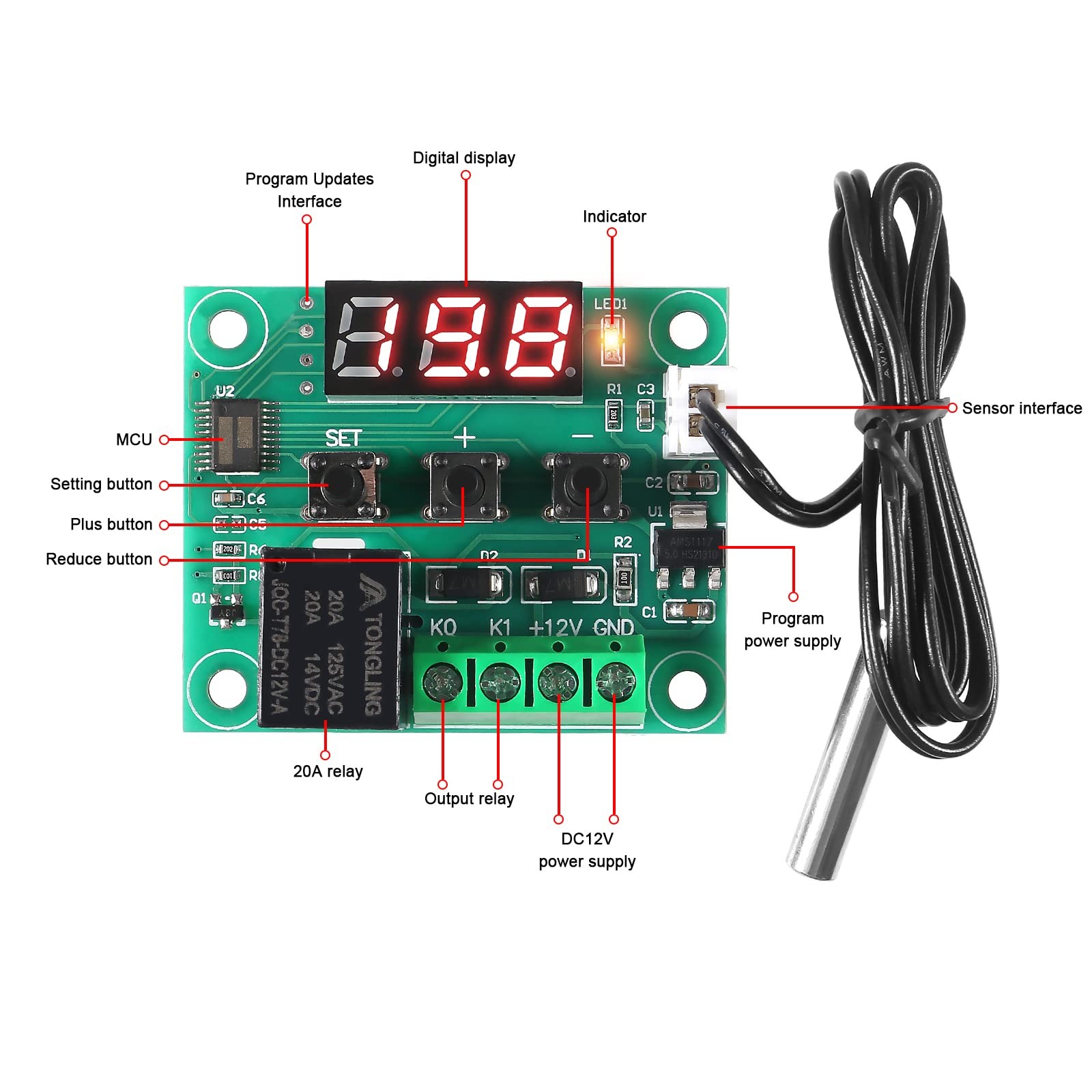 2PCS W1209 Temperature Controller Module,LED Display Digital Thermostat Modul...