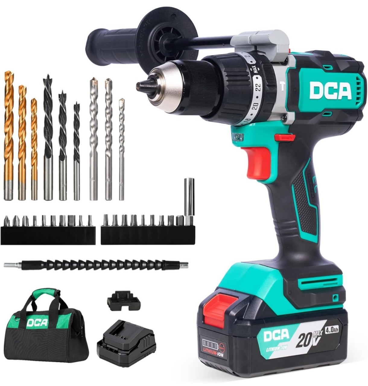 DCA 1/2" 20v Brushless Hammer Drill w/ 4Ah Battery & Charger, 1062 in.lbs, Kit