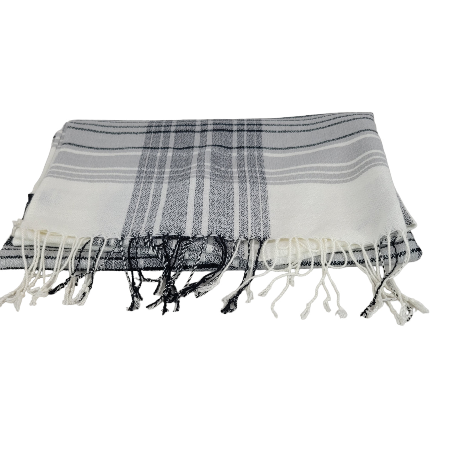 Saks Fifth Avenue Scarf Wrap Black & Ivory Plaid w/Fringe Lightweight 76 x 30