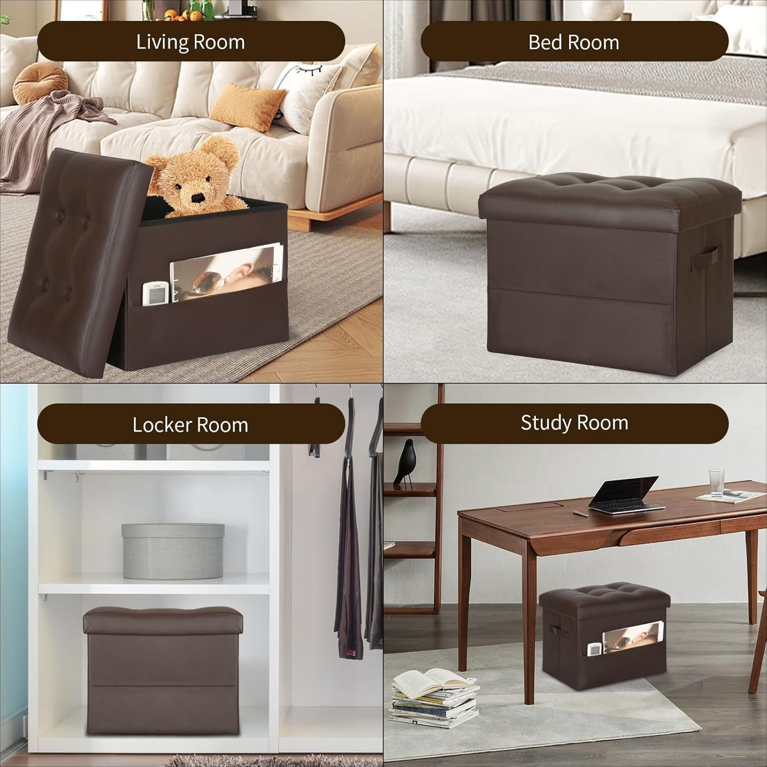 Taburete Otomano con Almacenamiento Cuero Cafe Plegable de Asiento Acolchado