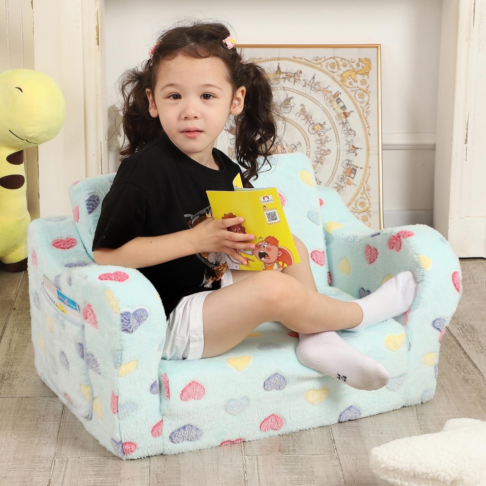 Toddler Couch, 2-in-1 Kids Soft Couch Fold Out with Star Pillow, Foldable Sof...