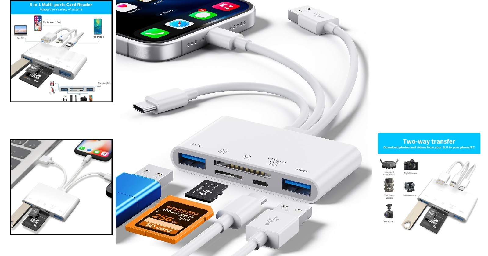 High-Speed 5-in-1 SD Card Reader for iPhone with Simultaneous Charging