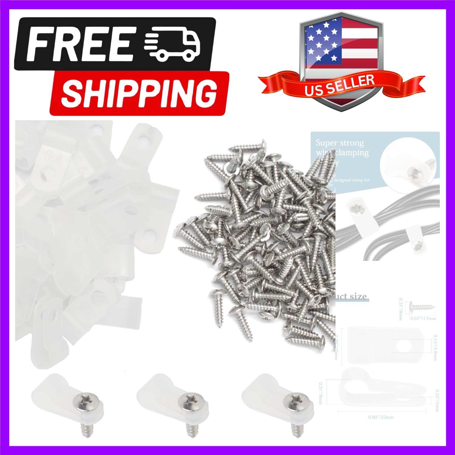 50 Pcs 1/4 Inch White Nylon Cable Clip Wire Clamp, R-type | 6.4mm, Screw Moun...