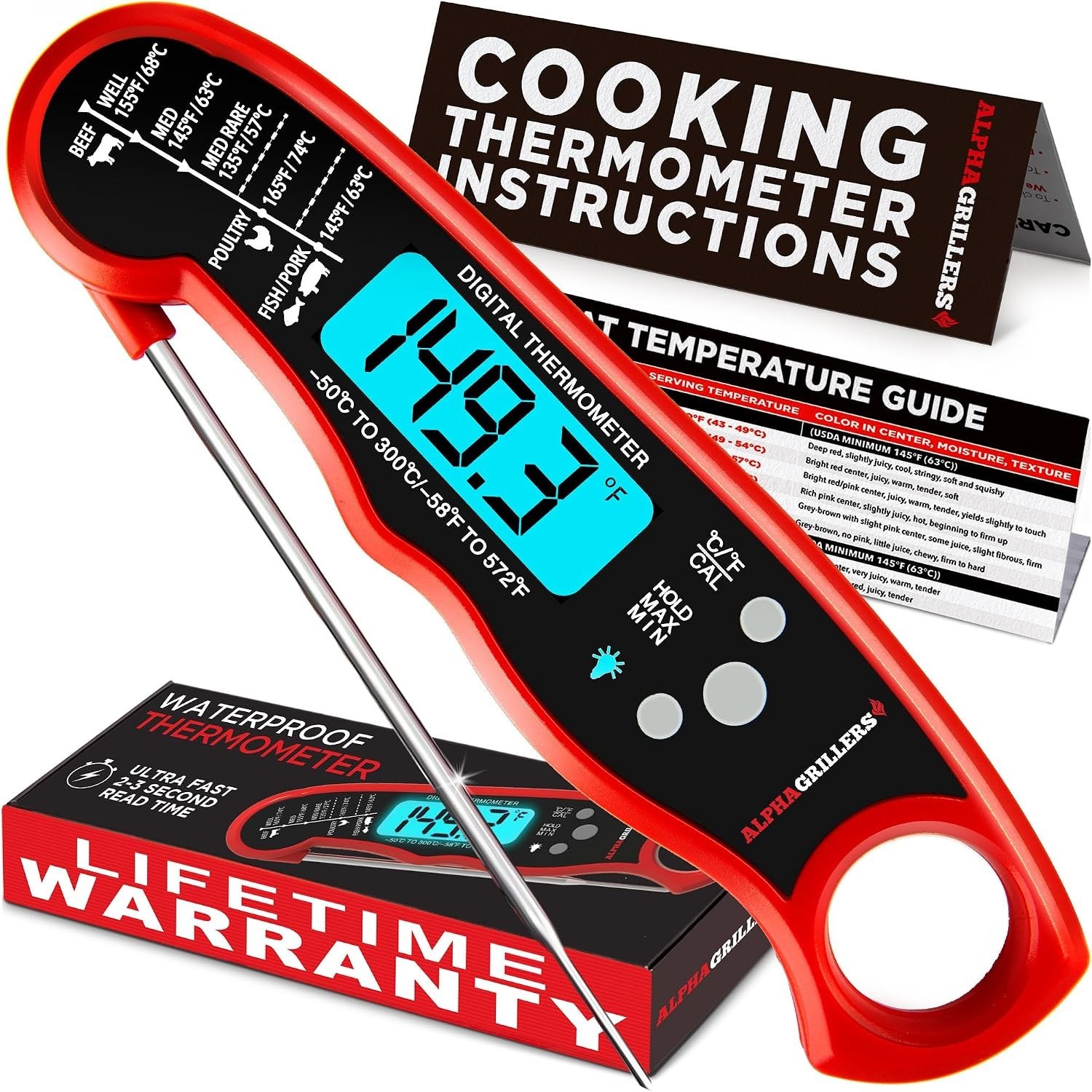 Instant Read Digital Meat Thermometer with Backlit Display | 1-2 Sec Response
