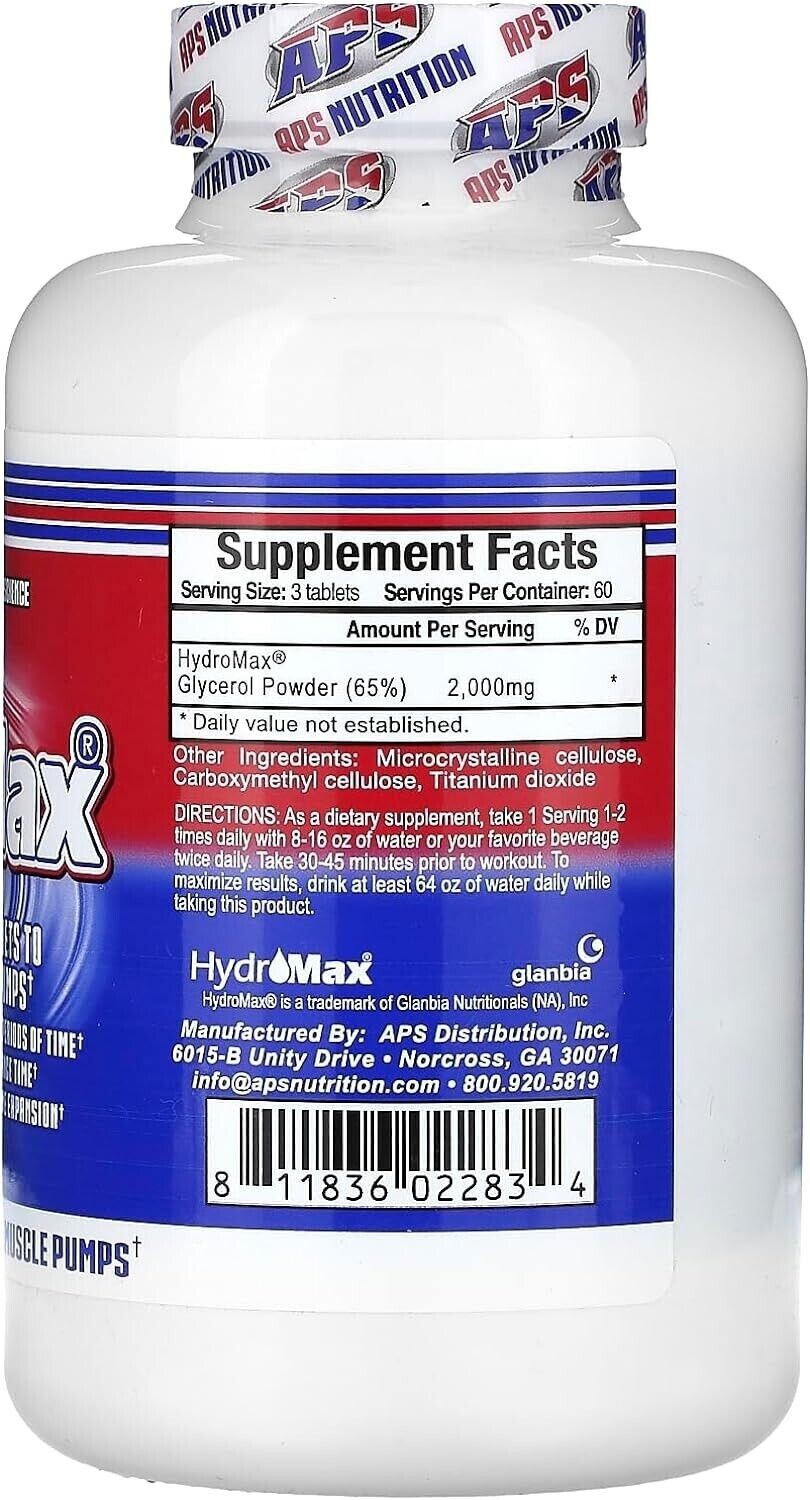APS Hydromax Massive Pre-Workout Pump 65% Glycerol Powder 180 Tablets New
