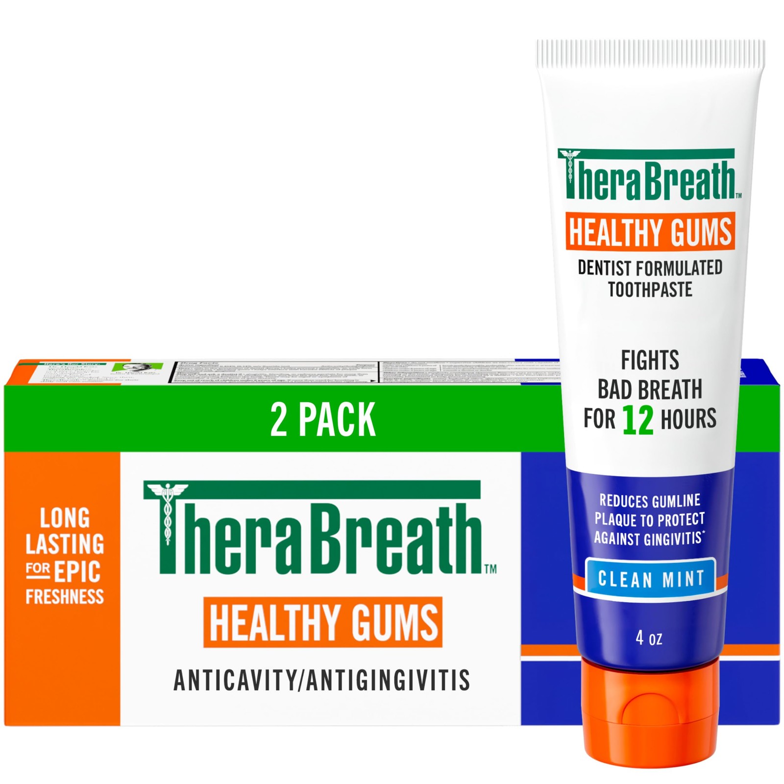 TheraBreath Healthy Gums Toothpaste, 2 Pack, 4 oz, Clean Mint Flavor