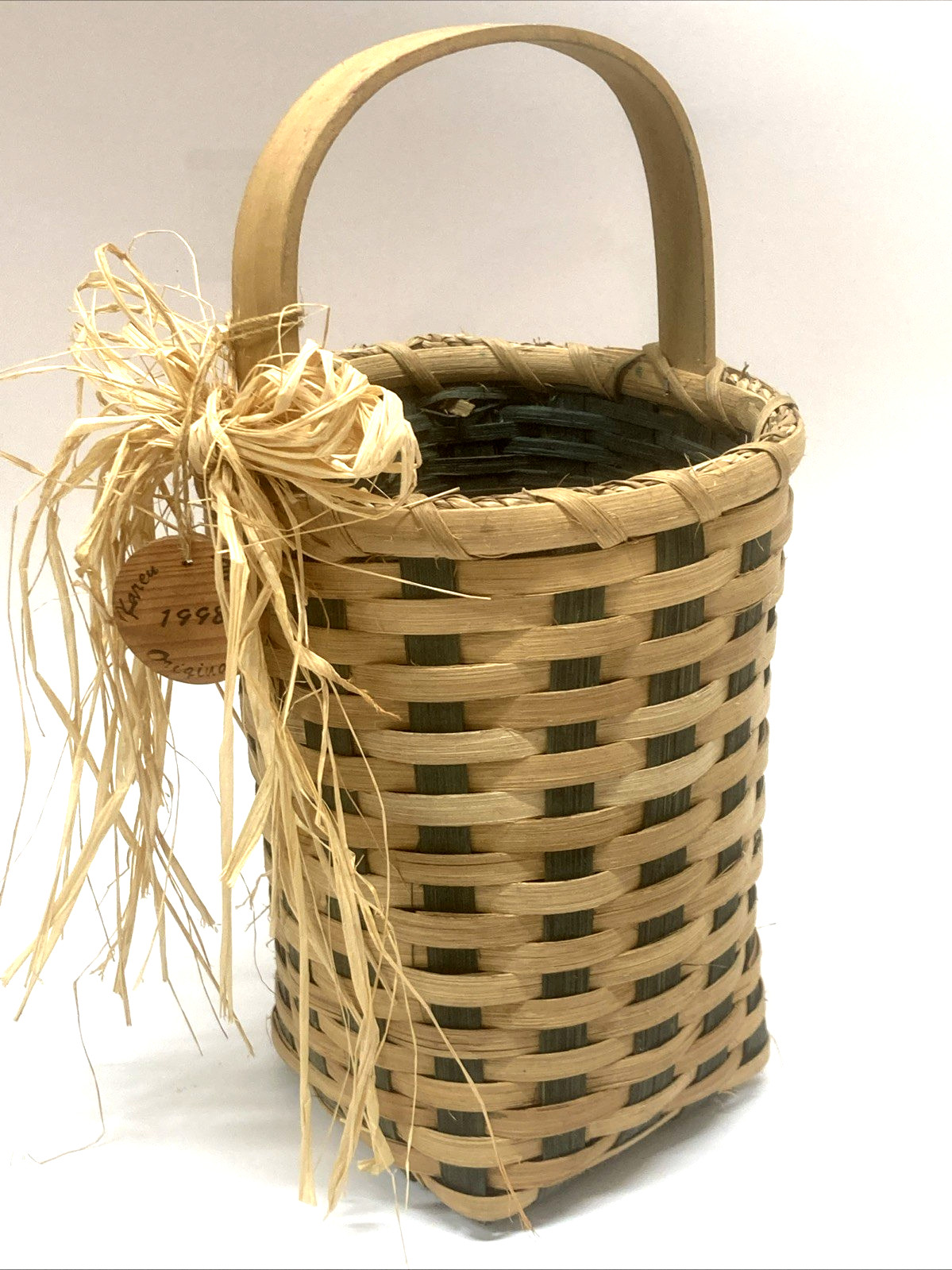 KAREN TRAUB Originals Woven Wicker 9" Tall Brown/Dark Green Basket 1998