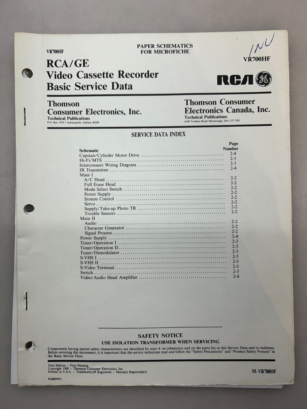 RCA VR700HF Original Schematics Free Shipping