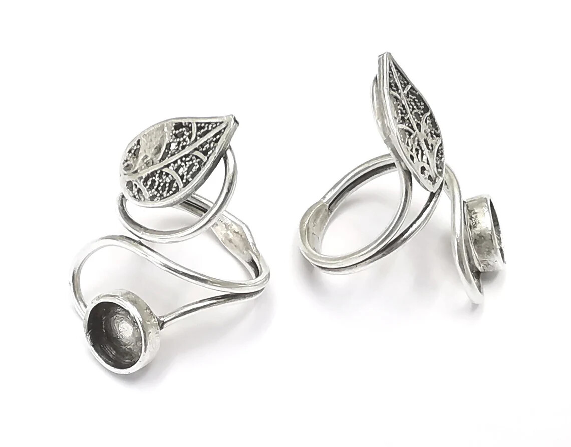 Leaf silver ring setting blank cabochon mounting Adjustable ring base G26240