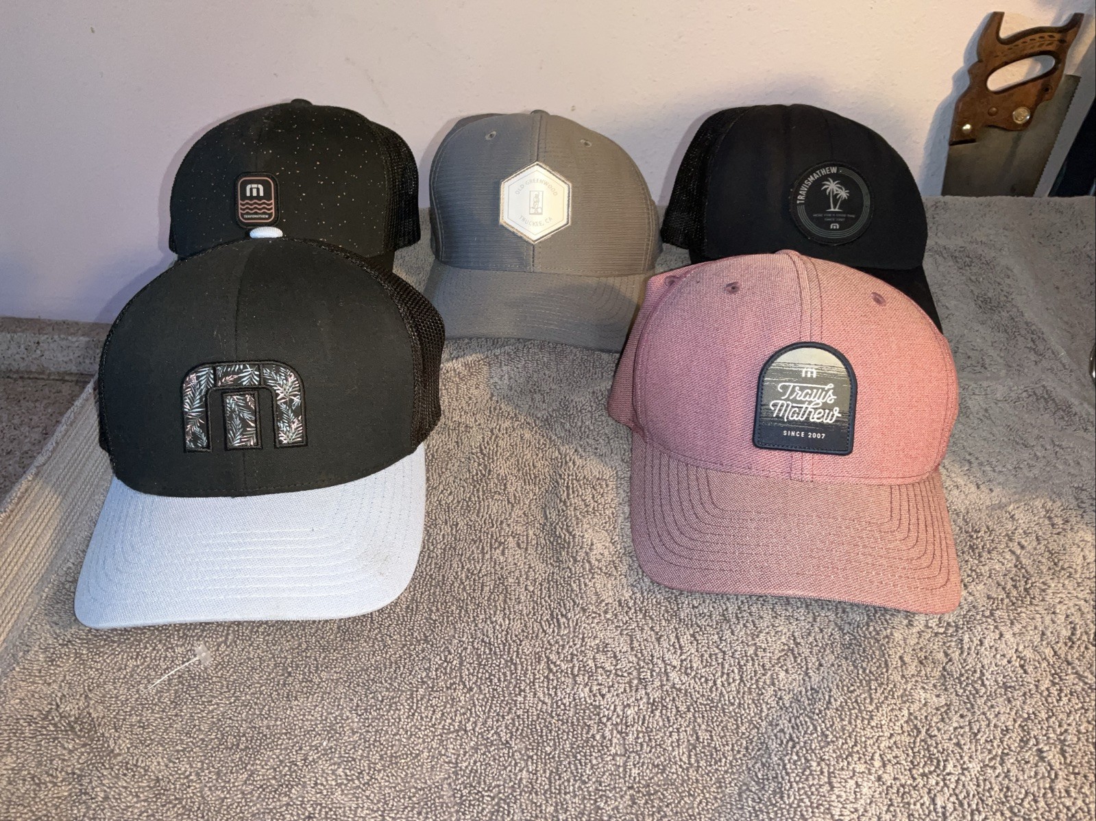 Lot of (5) Travis Mathew Adjustable & Fitted Flex Fit 110 - L-XL Golf Hats
