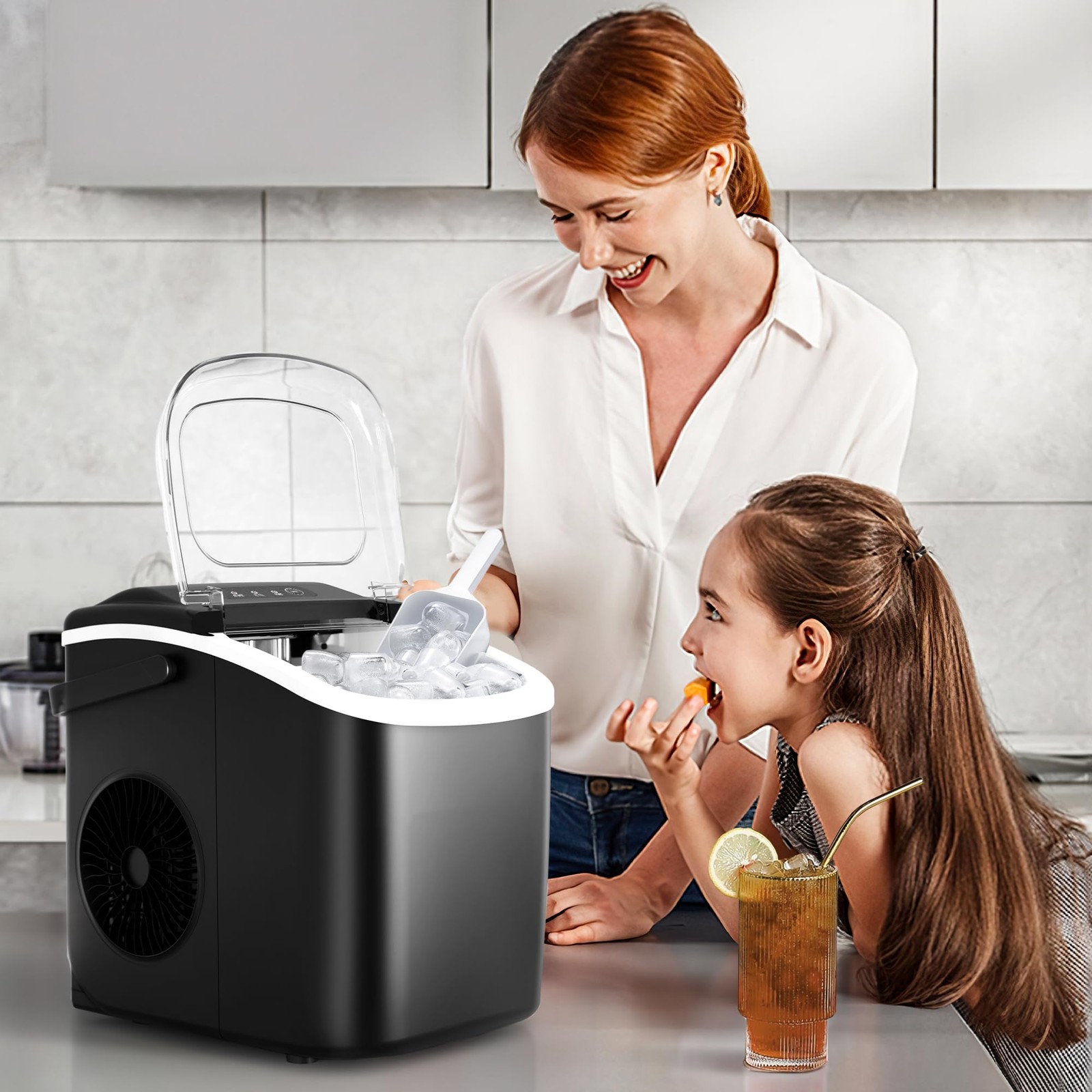 Portable Countertop Ice Maker Machine with Handle, 9 BulletShaped Ice Cubes R...