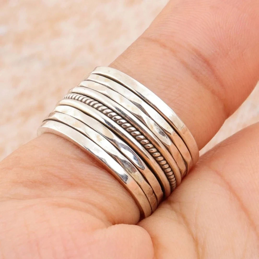 Solid 925 Sterling Silver Handmade Mix Set of Nine Stacking Gift Ring All Size