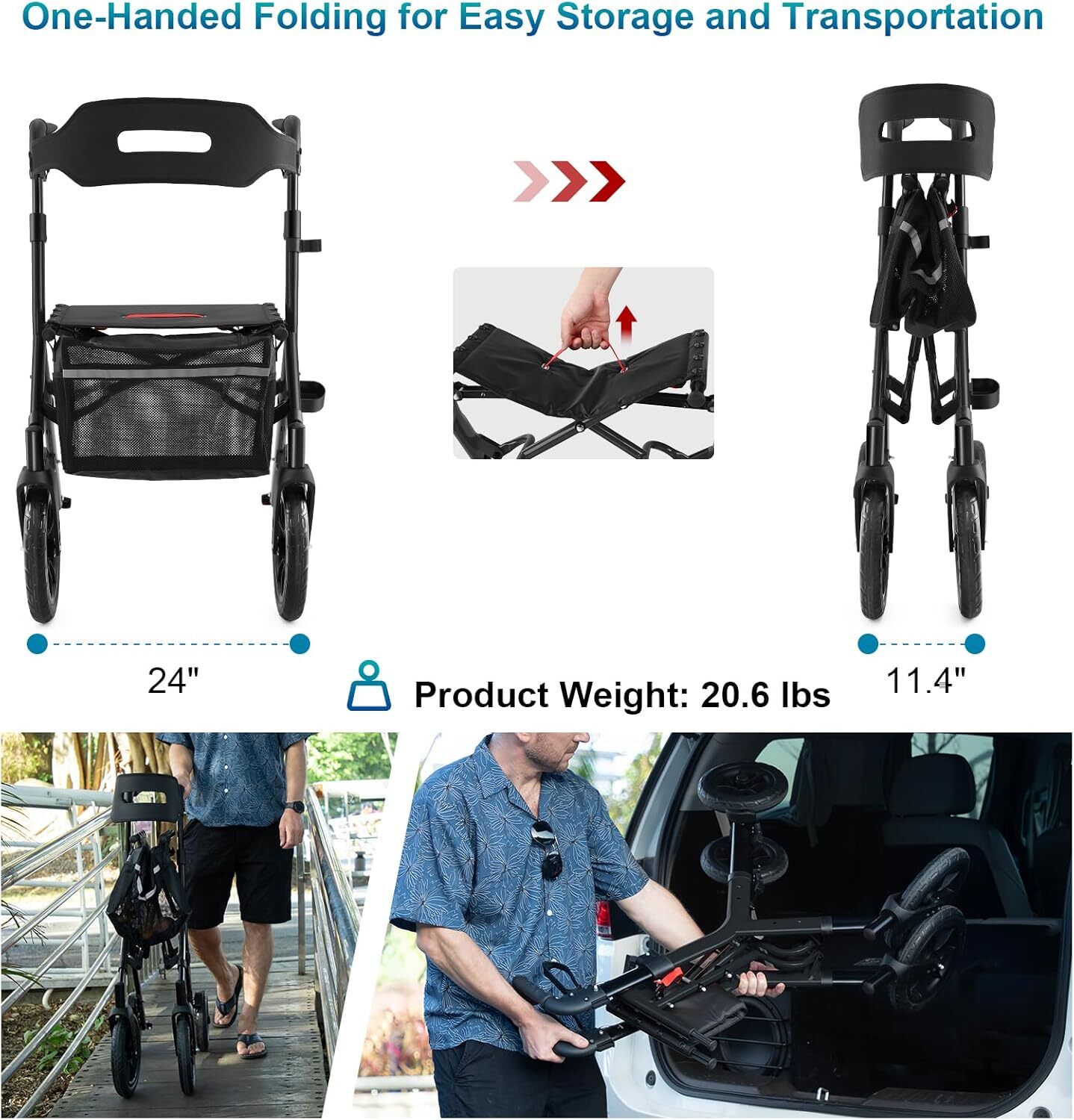 Aluminum Foldable All Terrain Rollator Walker Adjustable w/ Seat Back for Adults