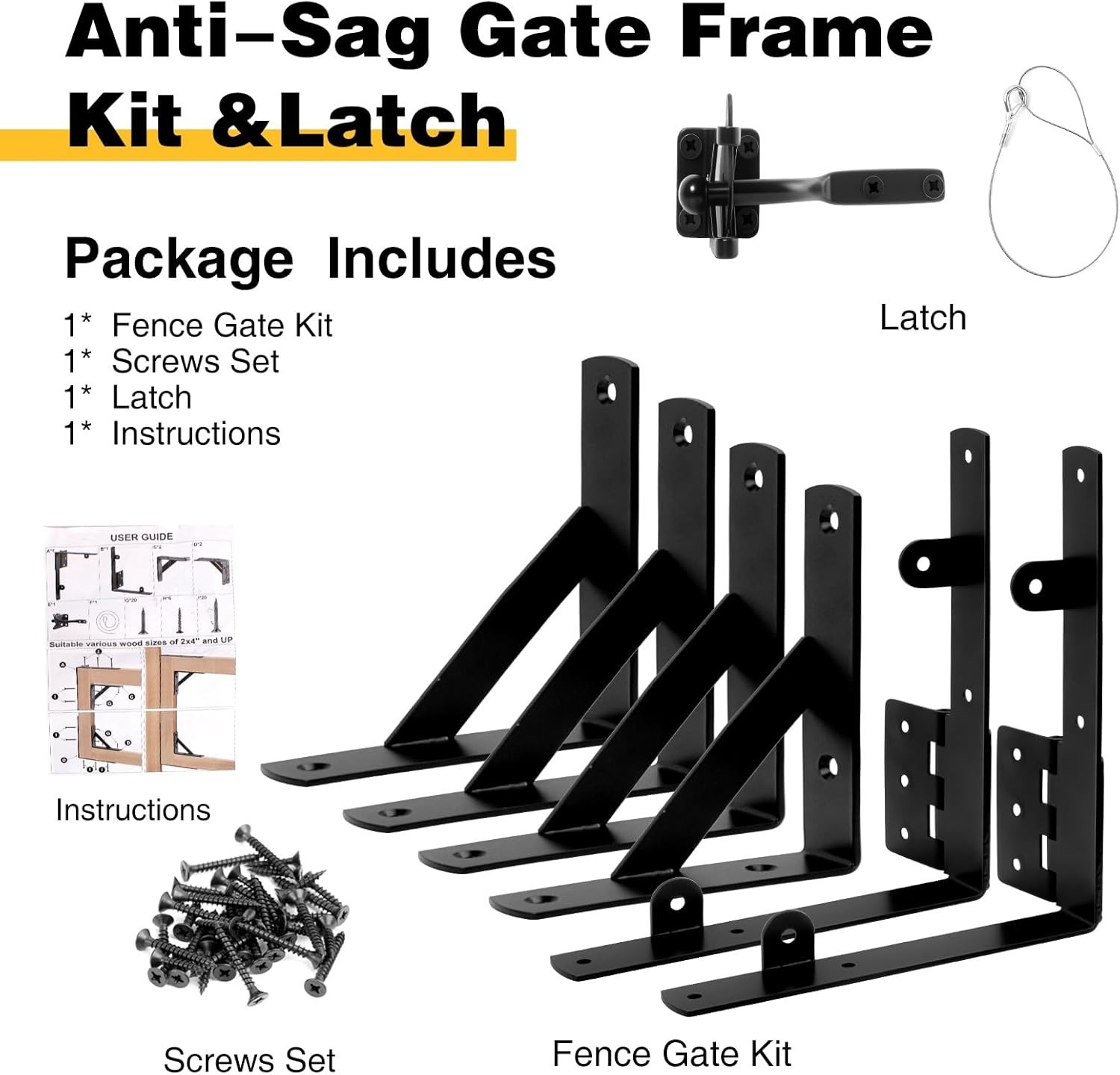 Gate Frame Fence Kit with Gate Latch Anti-Sag Corner Brace Bracket Hardware Kit