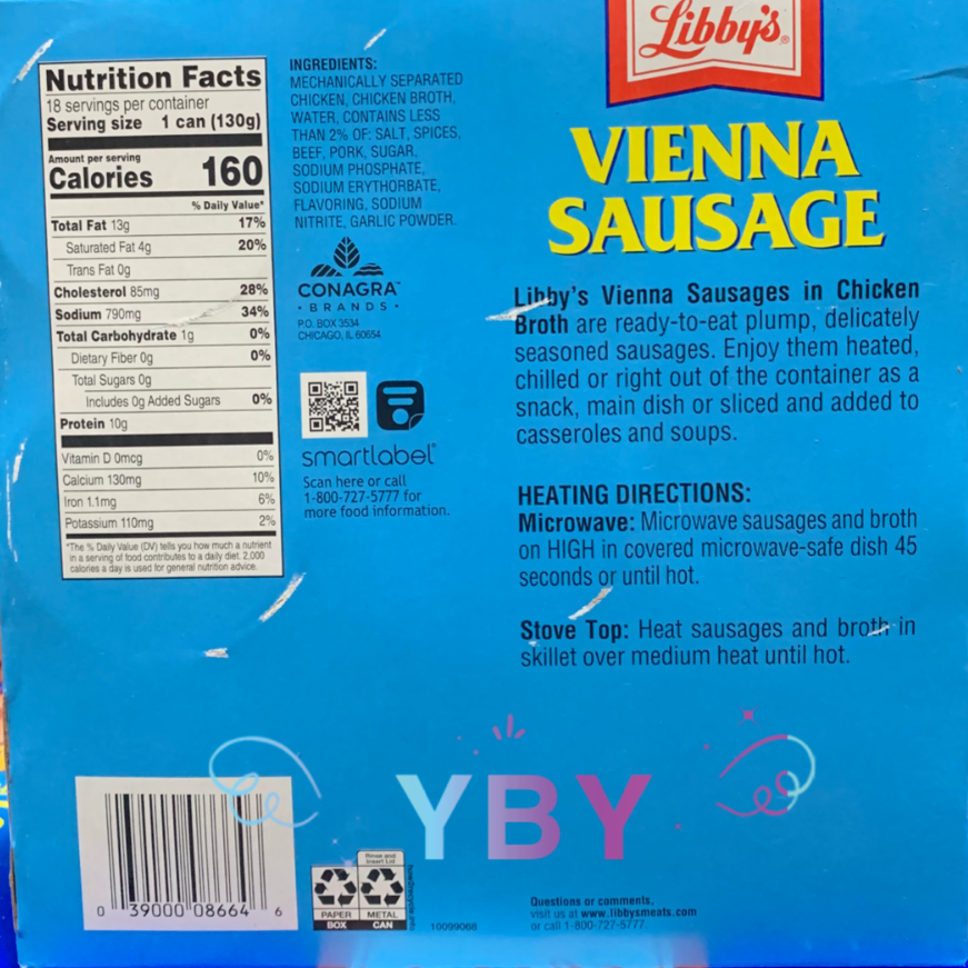 2 Packs Libby's Vienna Sausage 18 cans 82.8 oz Each Pack, Total 36 cans