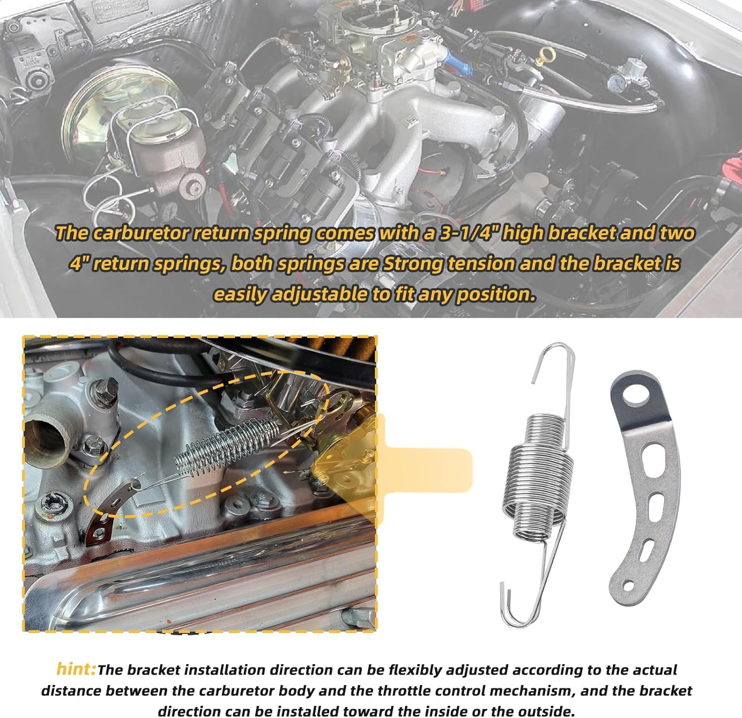 Upgraded throttle return spring and bracket kit, Includes throttle return spring