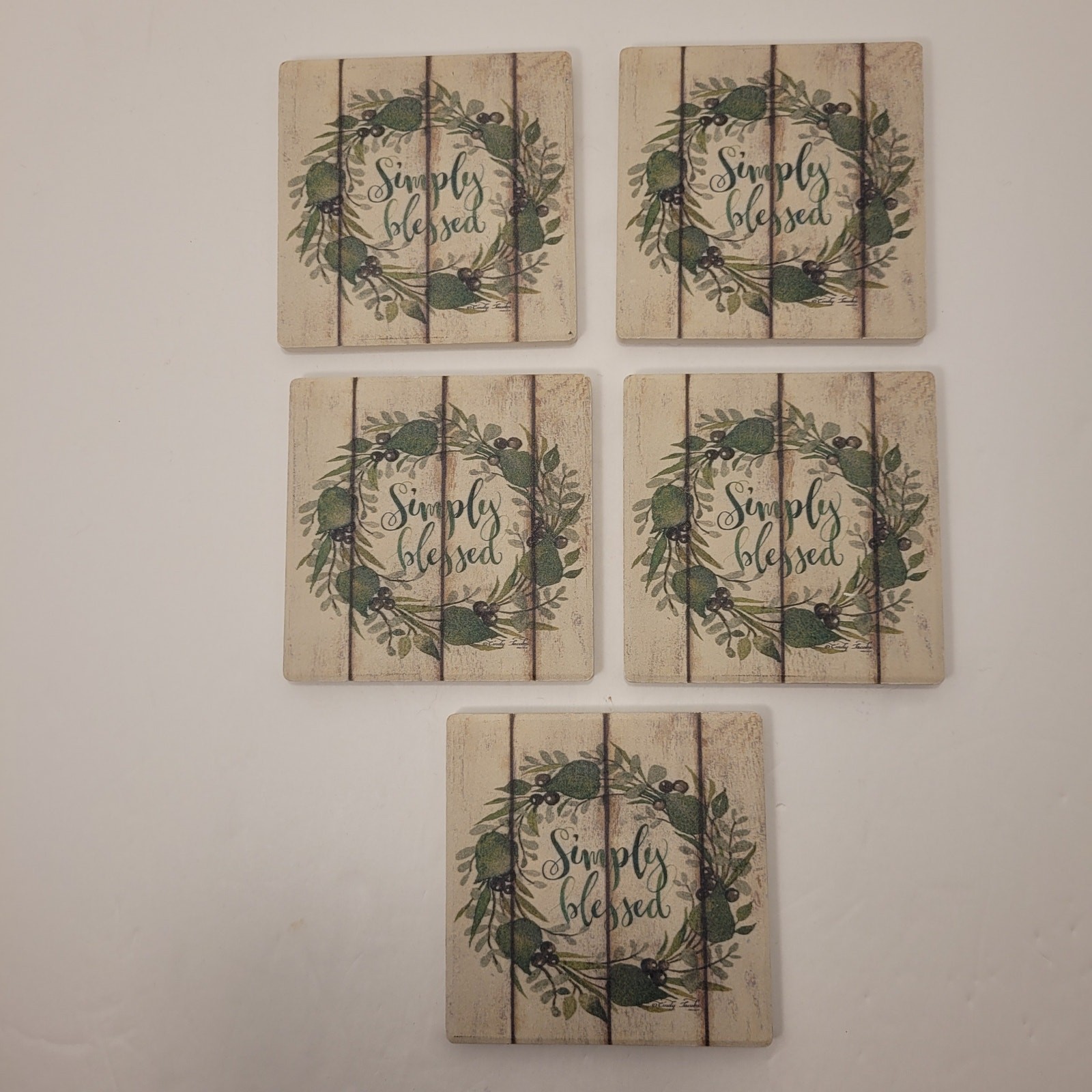 Ceramic Drink Coasters "Simply Blessed" Cork Square 4x4 Set Of 5