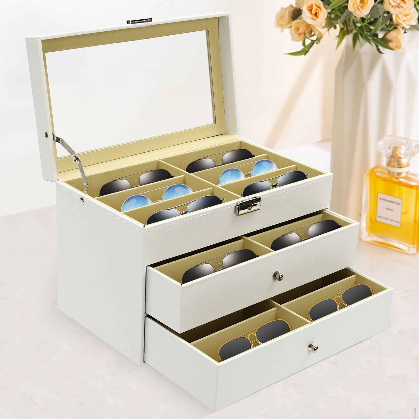18 Slot Eyeglass Sunglasses Display Eyeglass Display Case W/ Lock+key+PU Outer