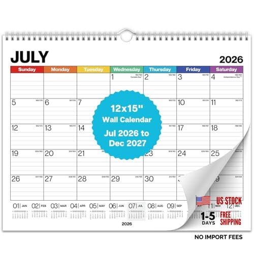 12x15 Wall Academic Calendar (), Use July 2026 to December 2026-2027 Colorful