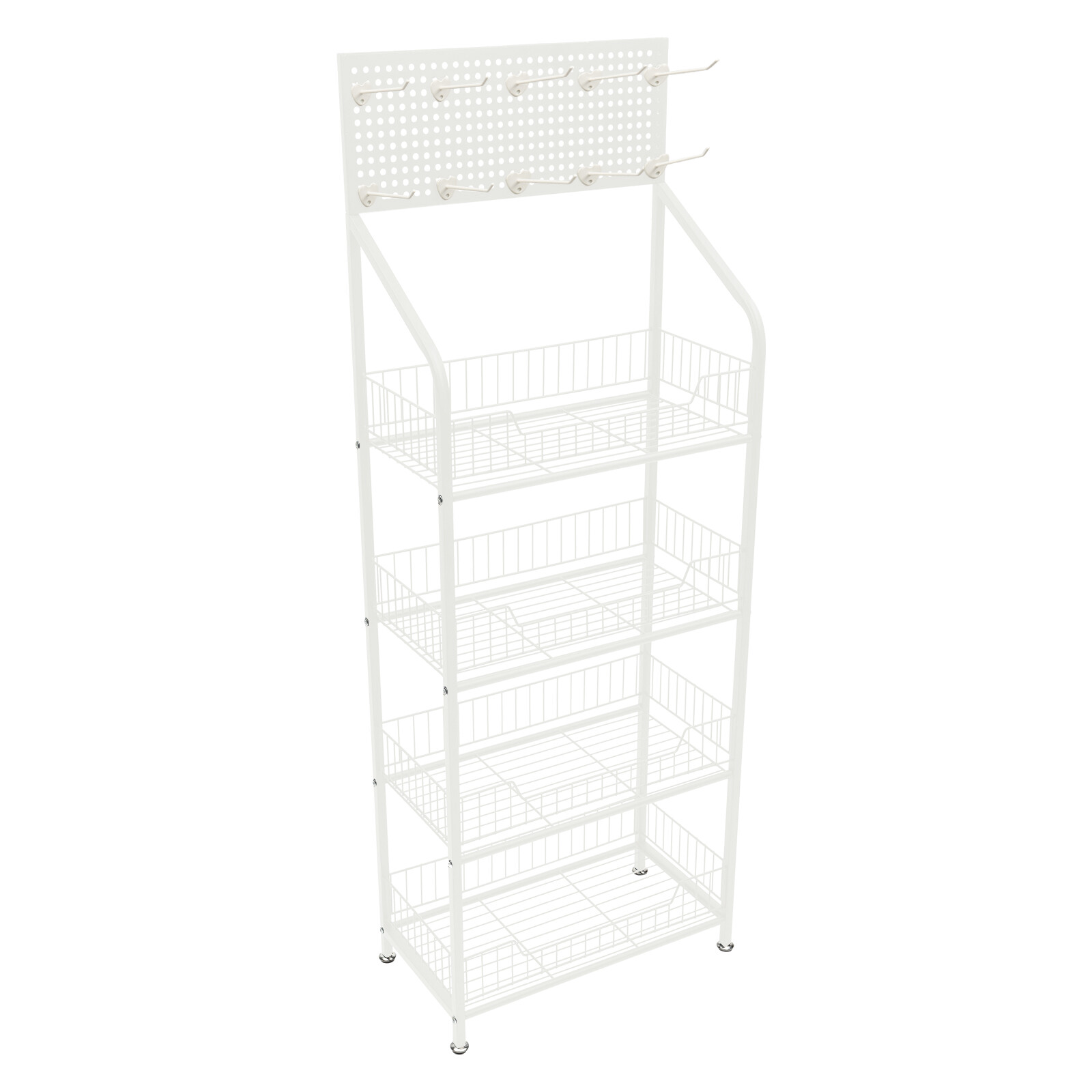 4-Tier Metal Snack Display Rack With Hooks & Wheels White