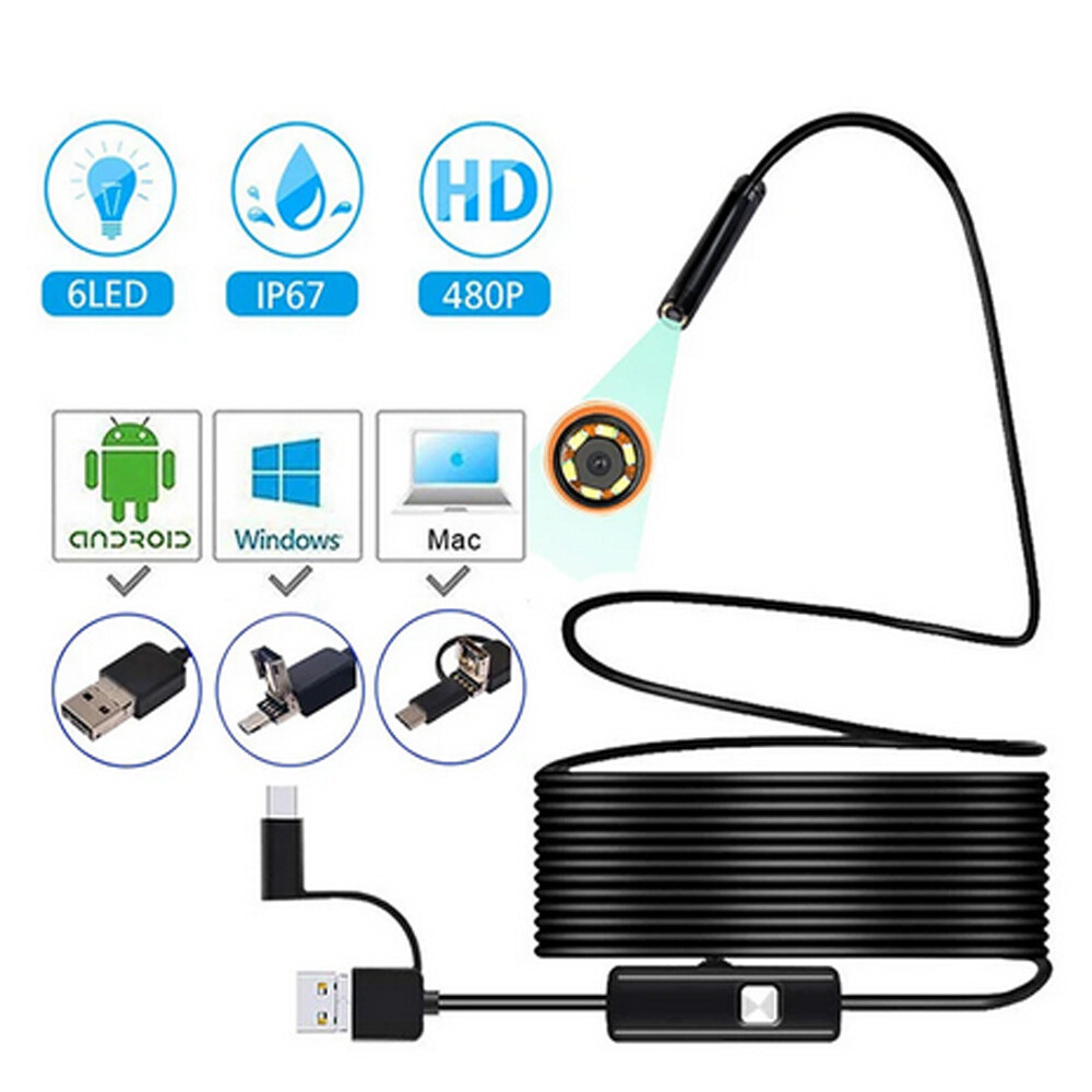 6LED USB Snake Endoscope Borescope HD Inspection Camera Scope for Android Type C