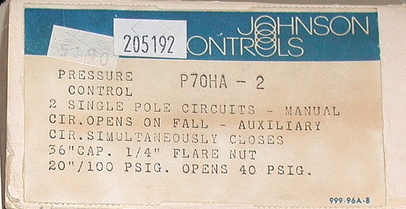 NEW JOHNSON CONTROLS PRESSURE CONTROL SWITCH MODEL P70HA-2