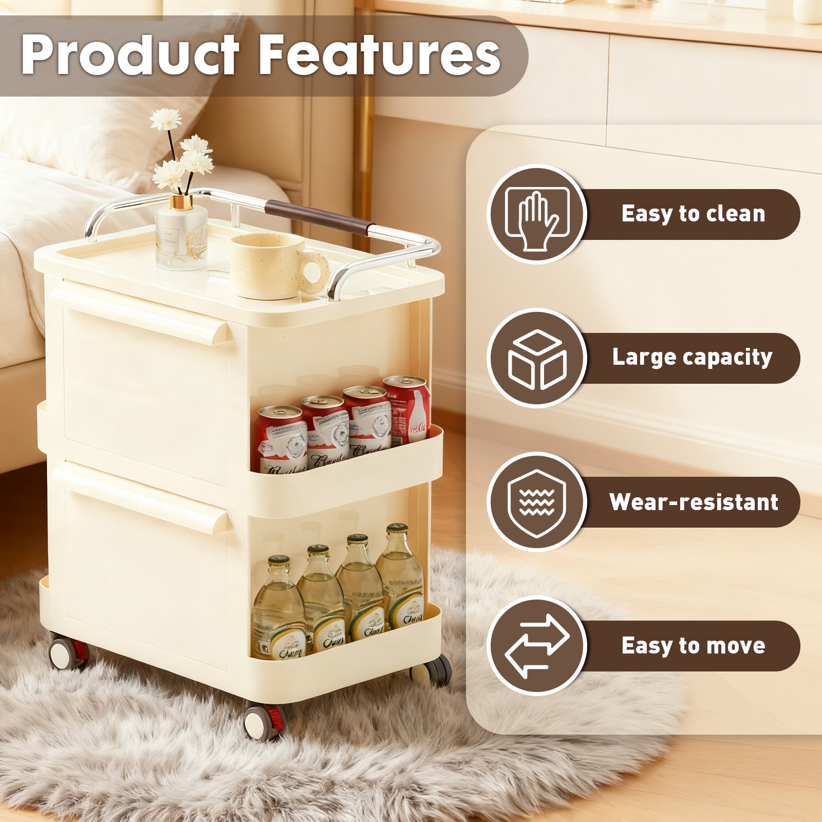 Narrow Rolling Utility Cart with Drawers 2-Tier Open Shelves, Lockable Casters