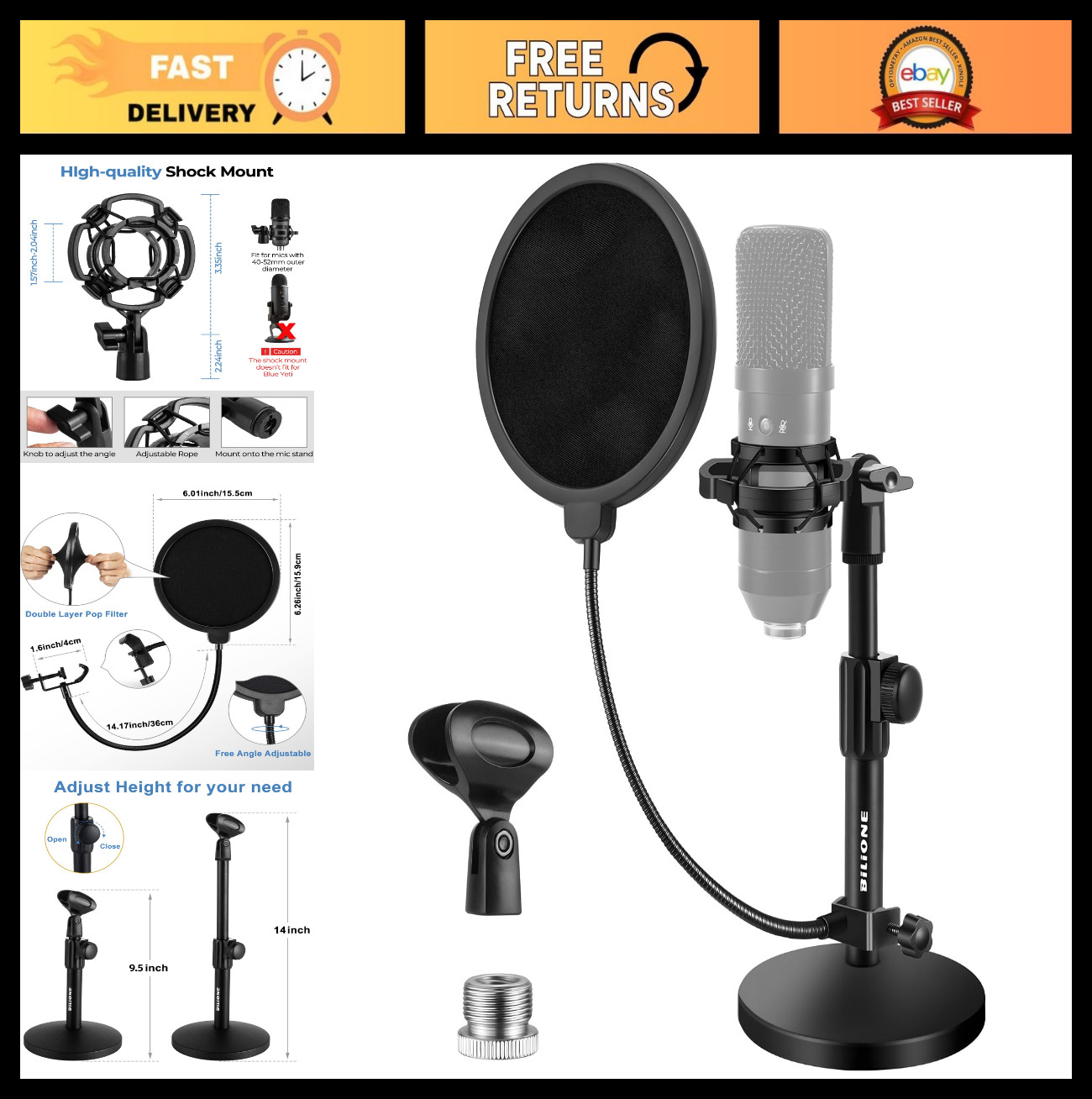 Adjustable Desktop Microphone Stand Kit with Pop Filter & Shock Mount - 1.5lbs B