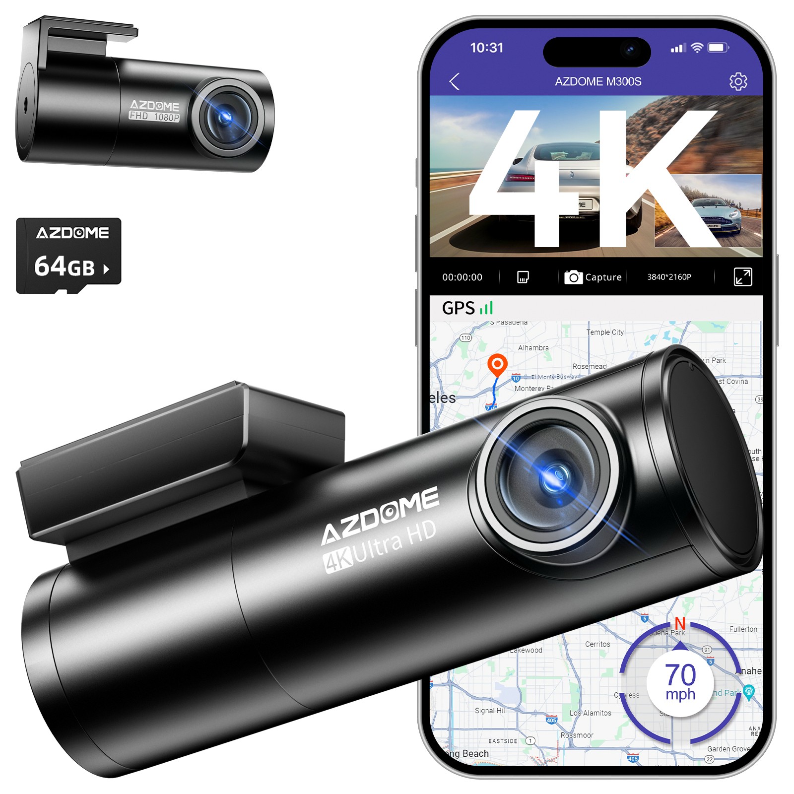 AZDOME 4K+1080P Front and Rear Dash Camera GPS 5G WiFi Parking Mode 64GB SD Card