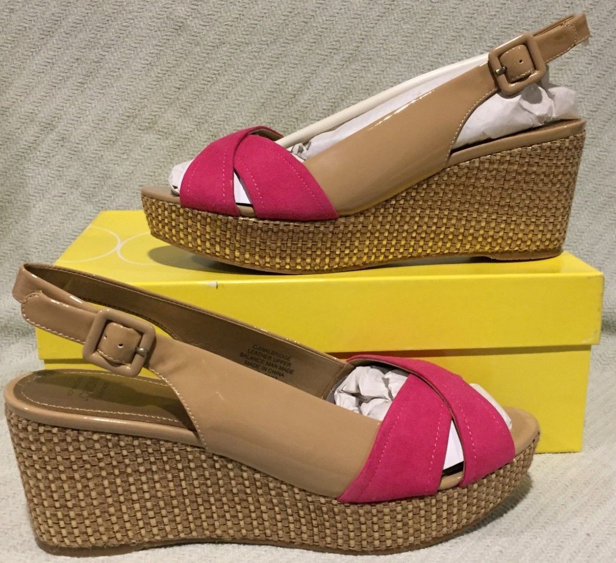 Circa Joan&David "Walbridge" Nude and Dark Pink Platform Wedge Slingback Sandals