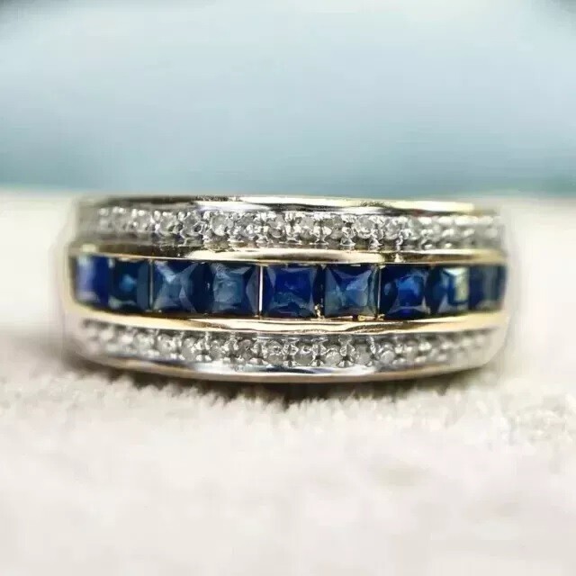 2.50CT Blue Sapphire Lab Created Diamond Men's Band Ring 14K Yellow Gold Finish