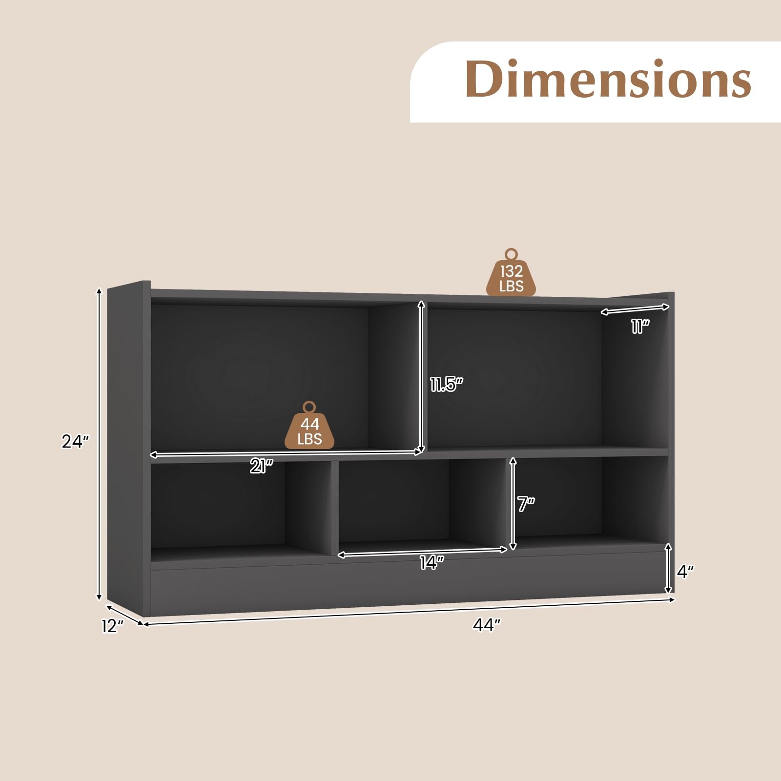 5-Cube Bookcase, Freestanding 3-Tier Bookshelf with Spacious Top & Raised Bas...