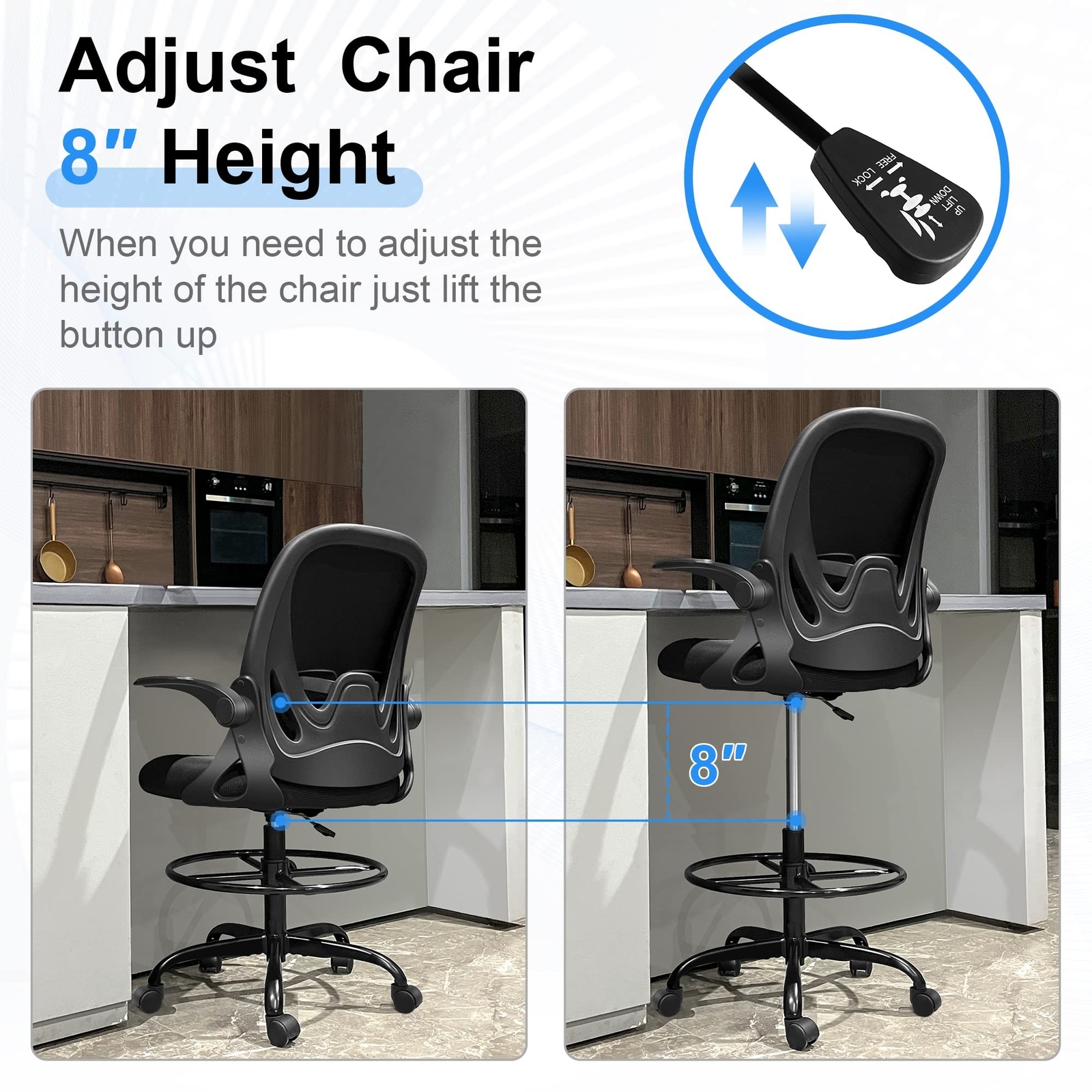 Primy Drafting Chair Tall Office Chair with Flip-up Armrests Executive Ergono...