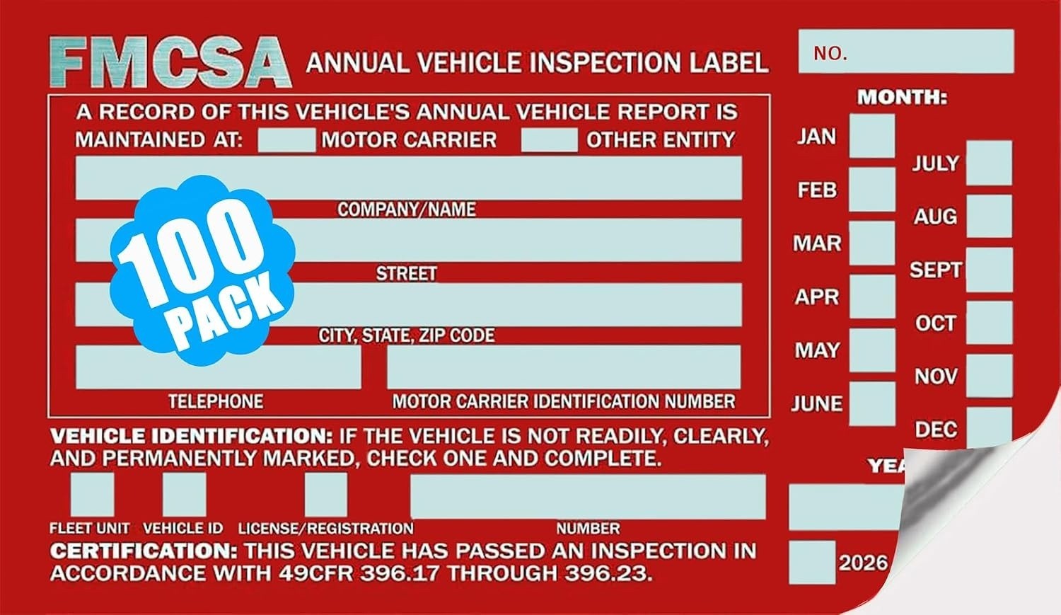 100 Pack Exterior Annual Vehicle Inspection Label, FMCSA Annual Inspection St...