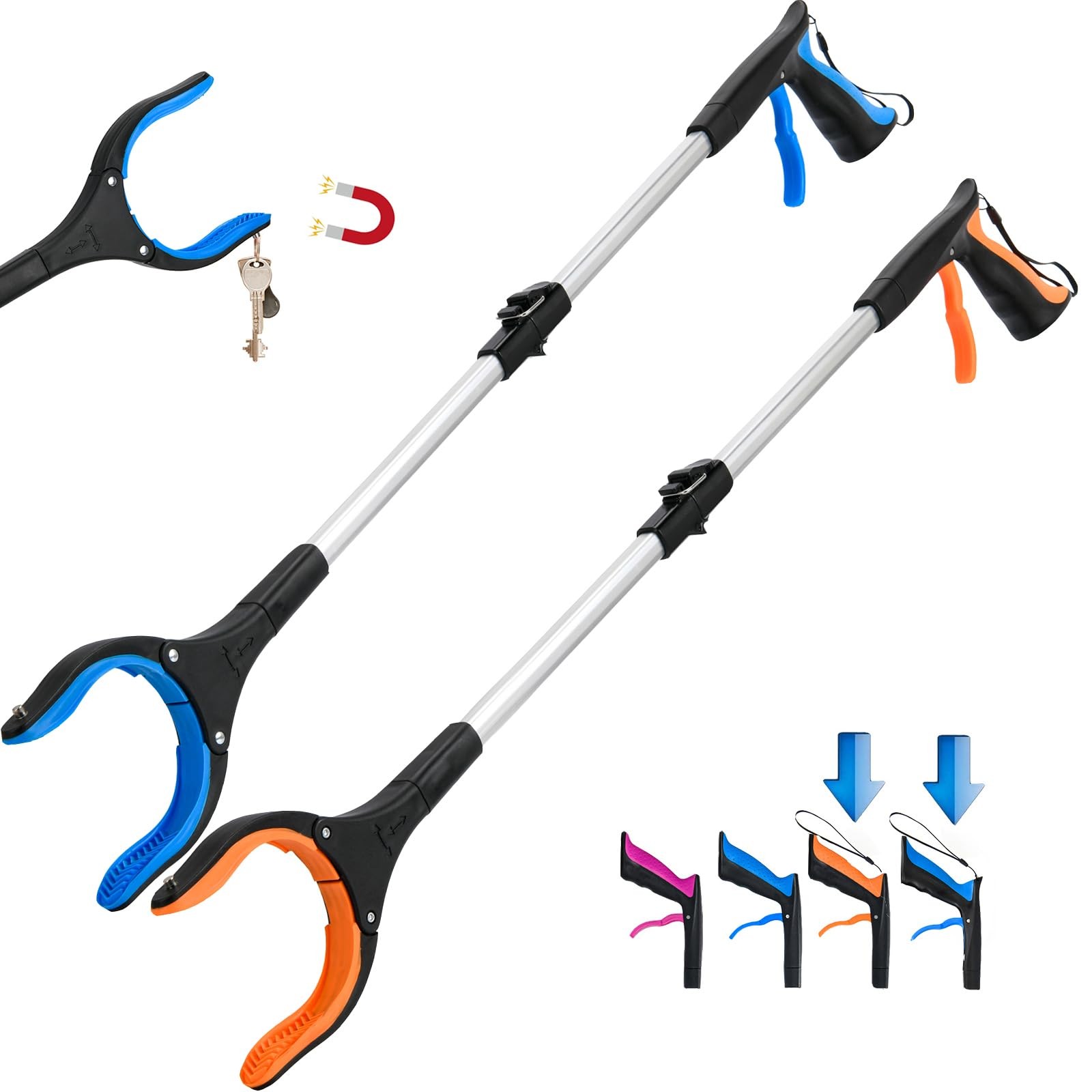 2-Pack Grabber Reacher Tool,32 Inch Extra Long Foldable Pick Up Blue&orange