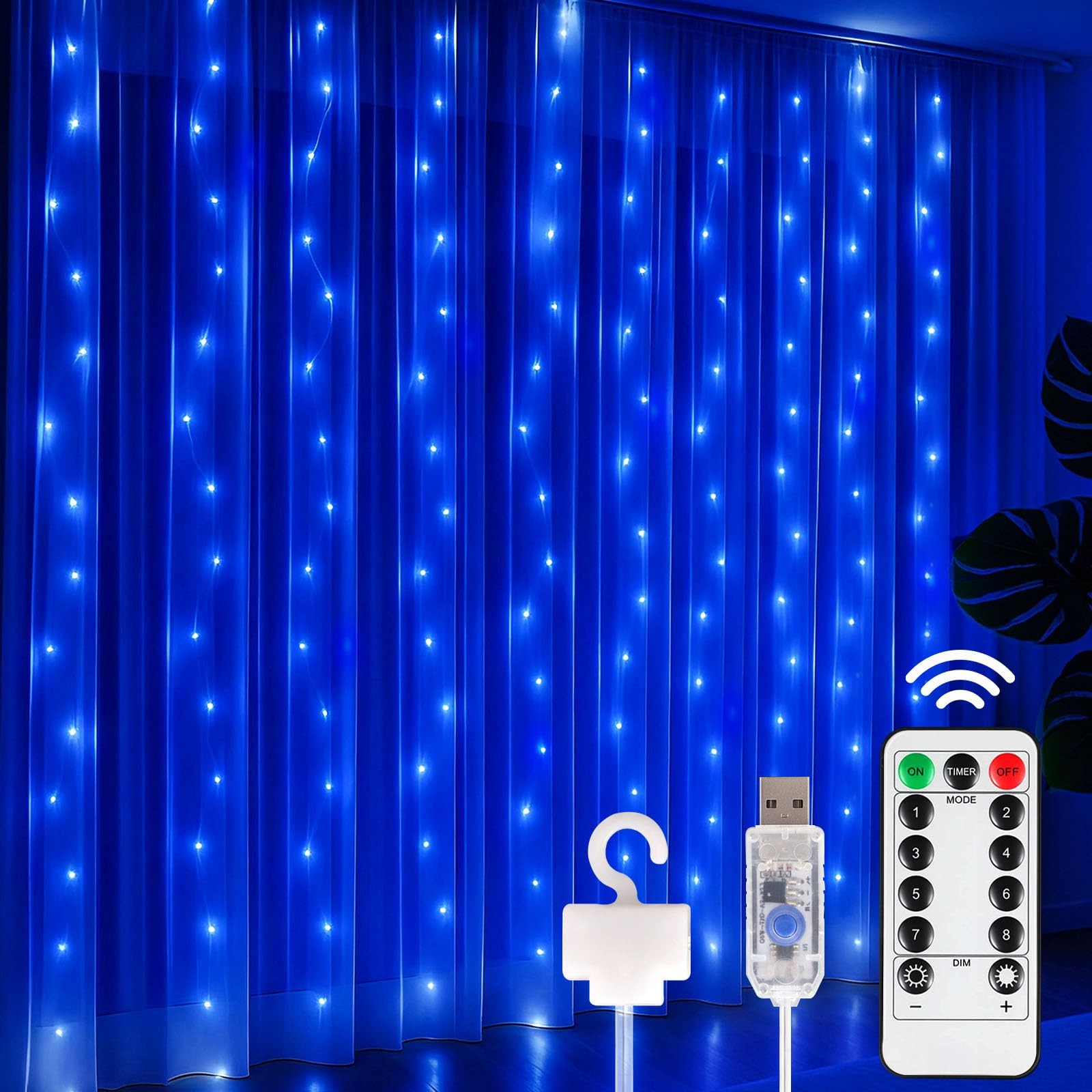 300 LED Fairy Curtain Lights Waterproof 8 Modes Remote Blue 9.8x9.8 Ft 1 PCS