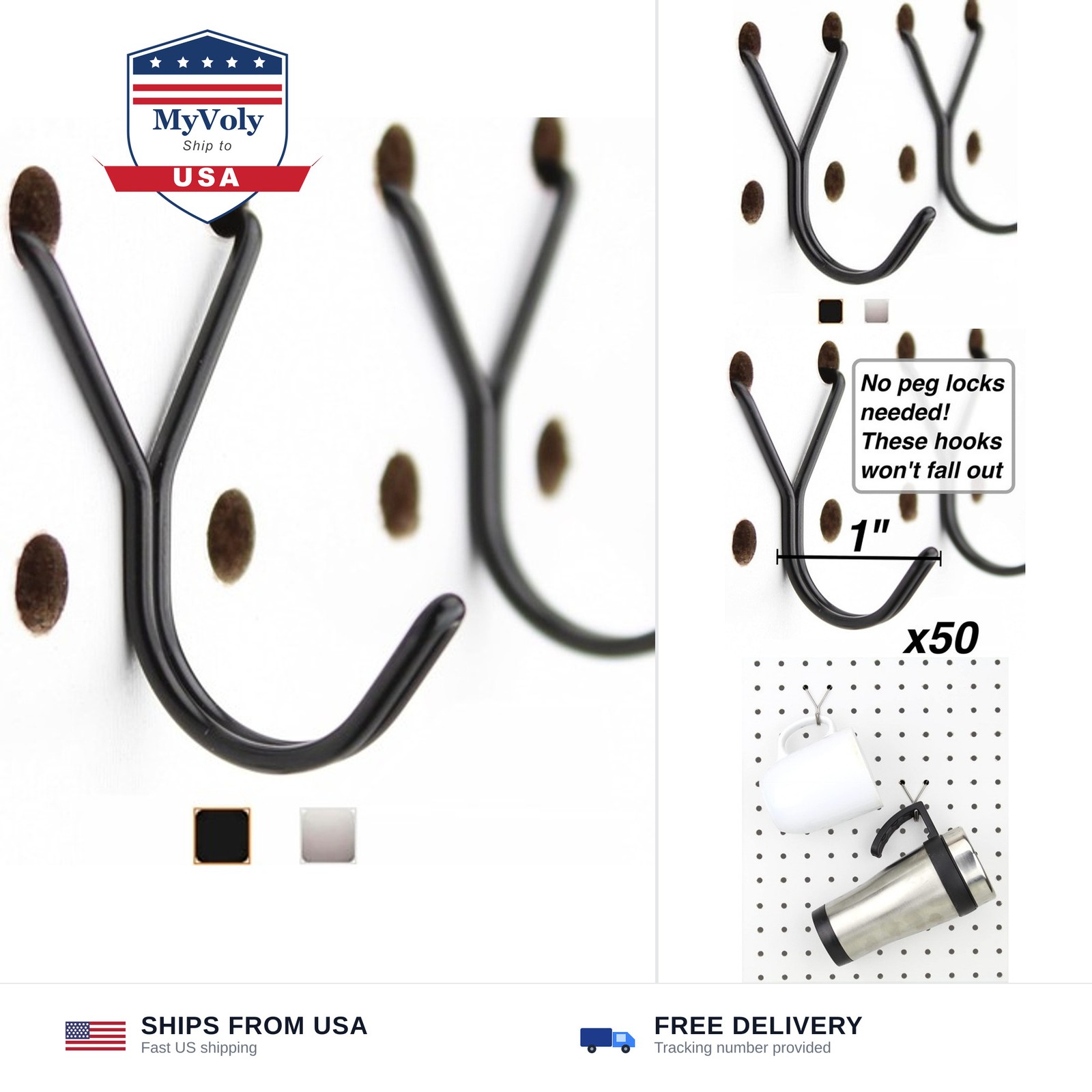 Steel Pegboard Hooks 50-Pack 1in J-Hook, Black - Will Not Fall Out - Fits Any...