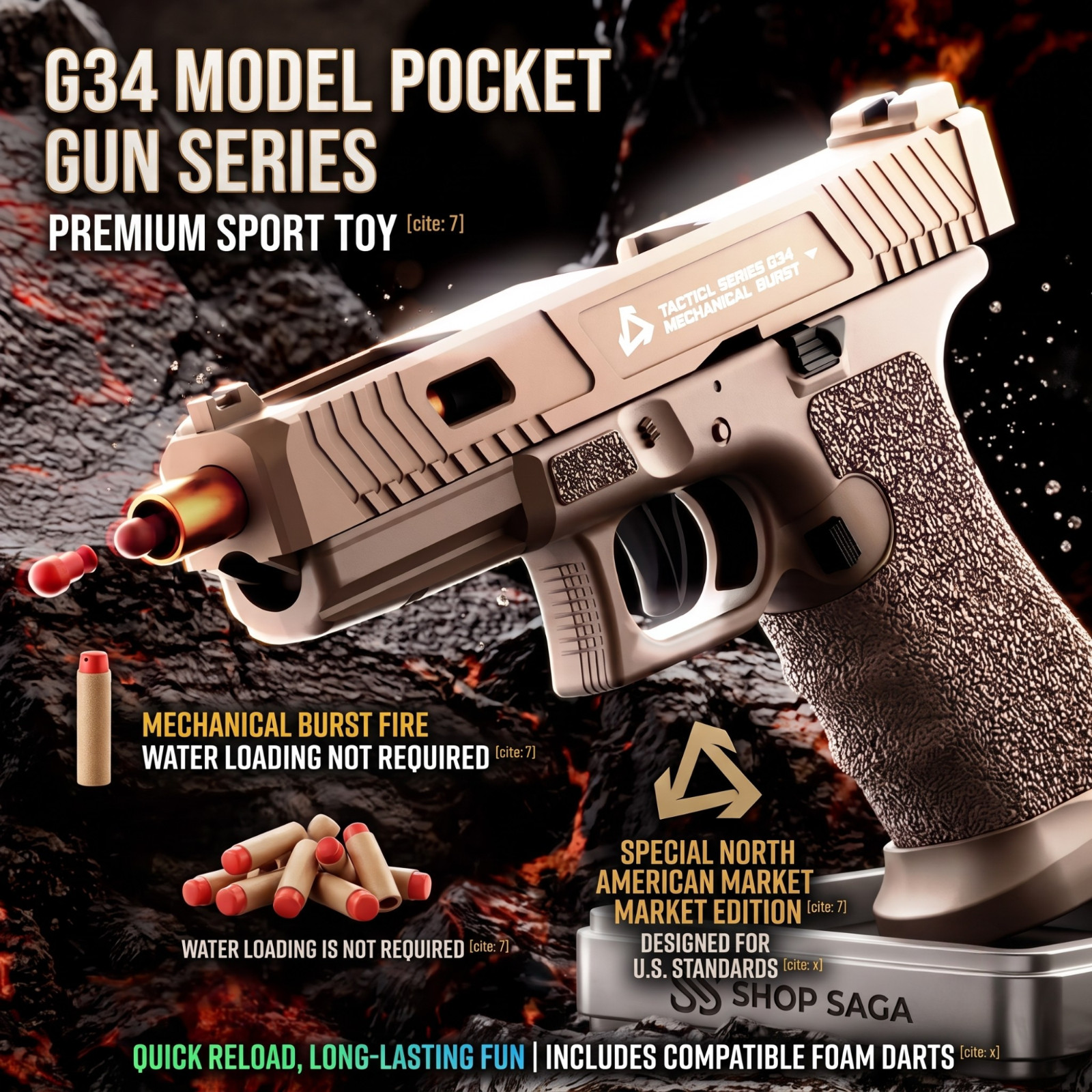 Toy Pistol G34 Shell Throwing Soft Bullet Gun, Realistic Action, Birthday Gift